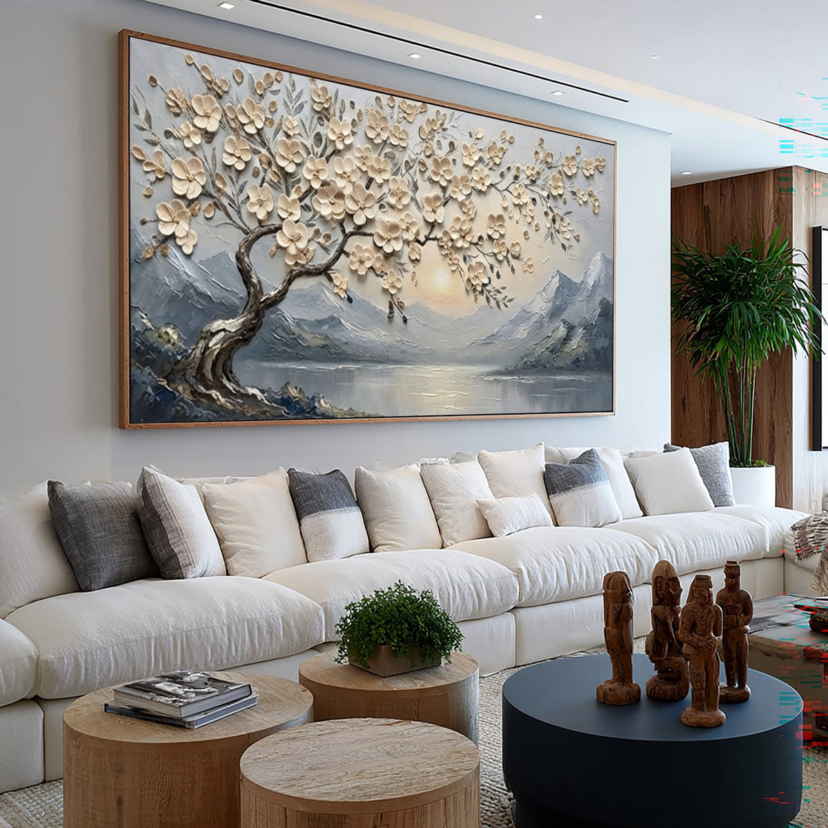 Large Textured Blossom Tree Painting Mountain Lake Floral Wall Art