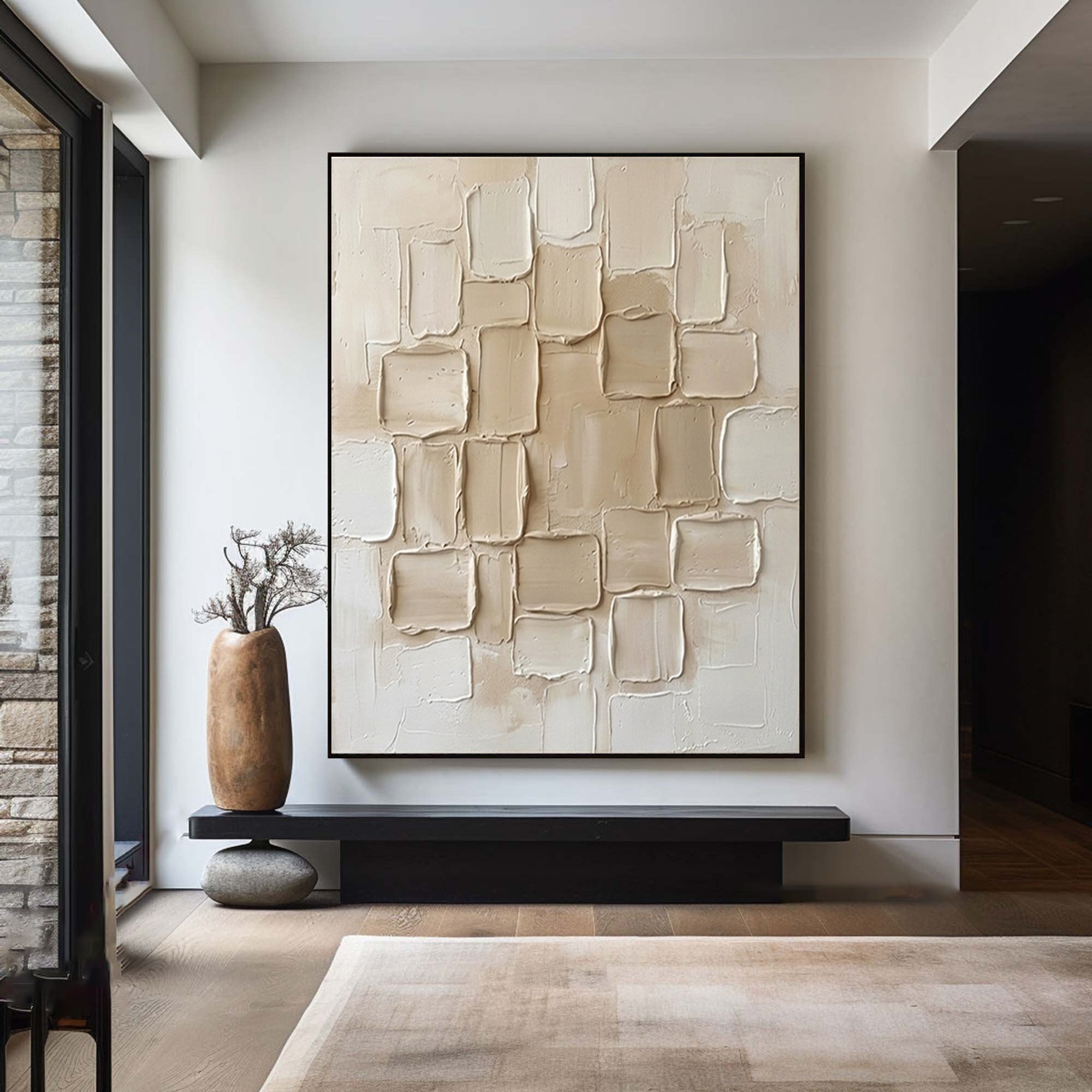 Large Mosaic Relief Textured Canvas Art Contemporary Neutral Wall Decor