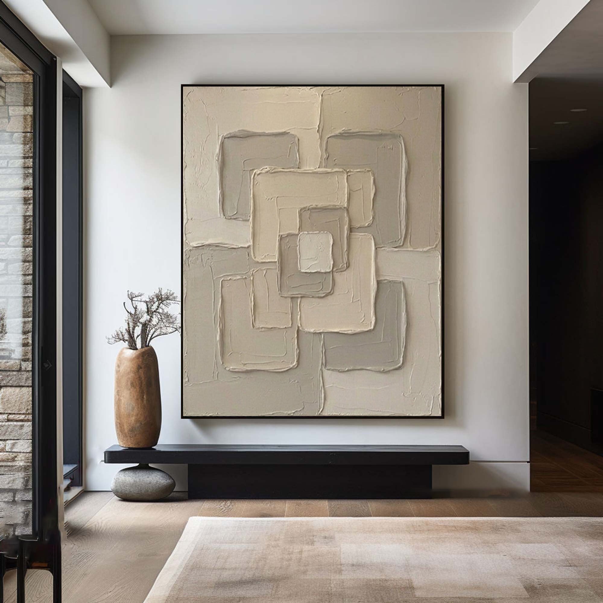 Large Neutral Geometric Textured Canvas Art Modern Abstract Wall Decor