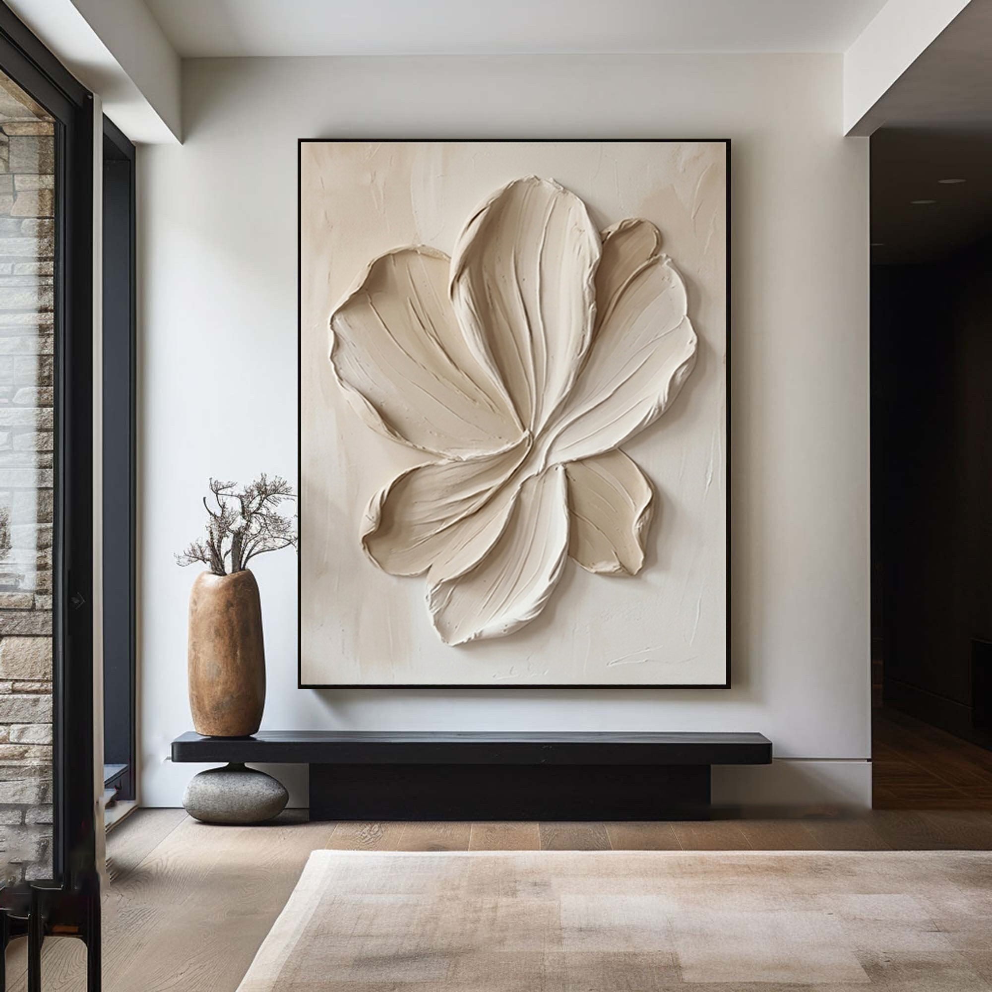 Large White Floral Relief Textured Canvas Art Organic Modern Wall Decor