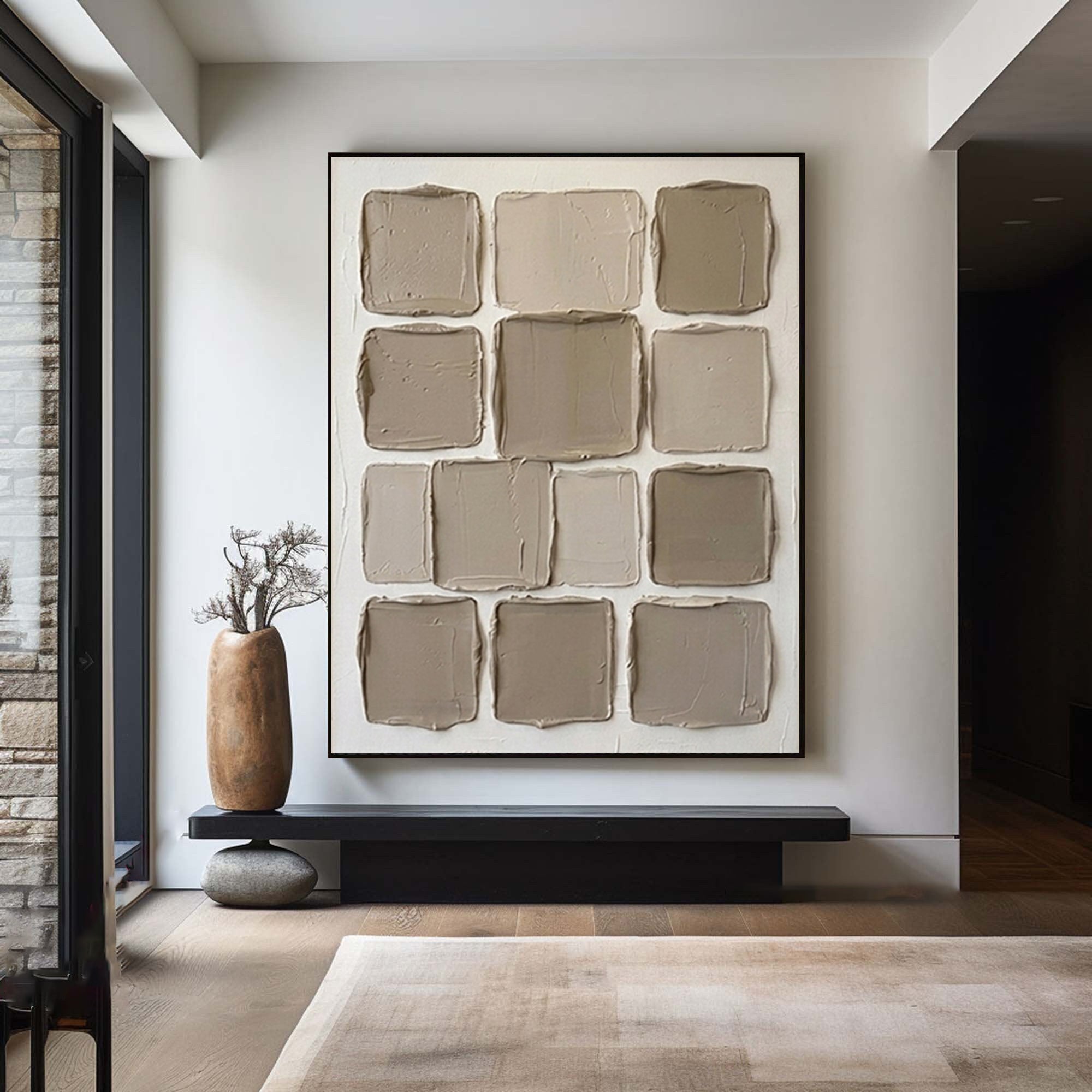 Large Neutral Grid Texture Oil Painting for Contemporary Interiors