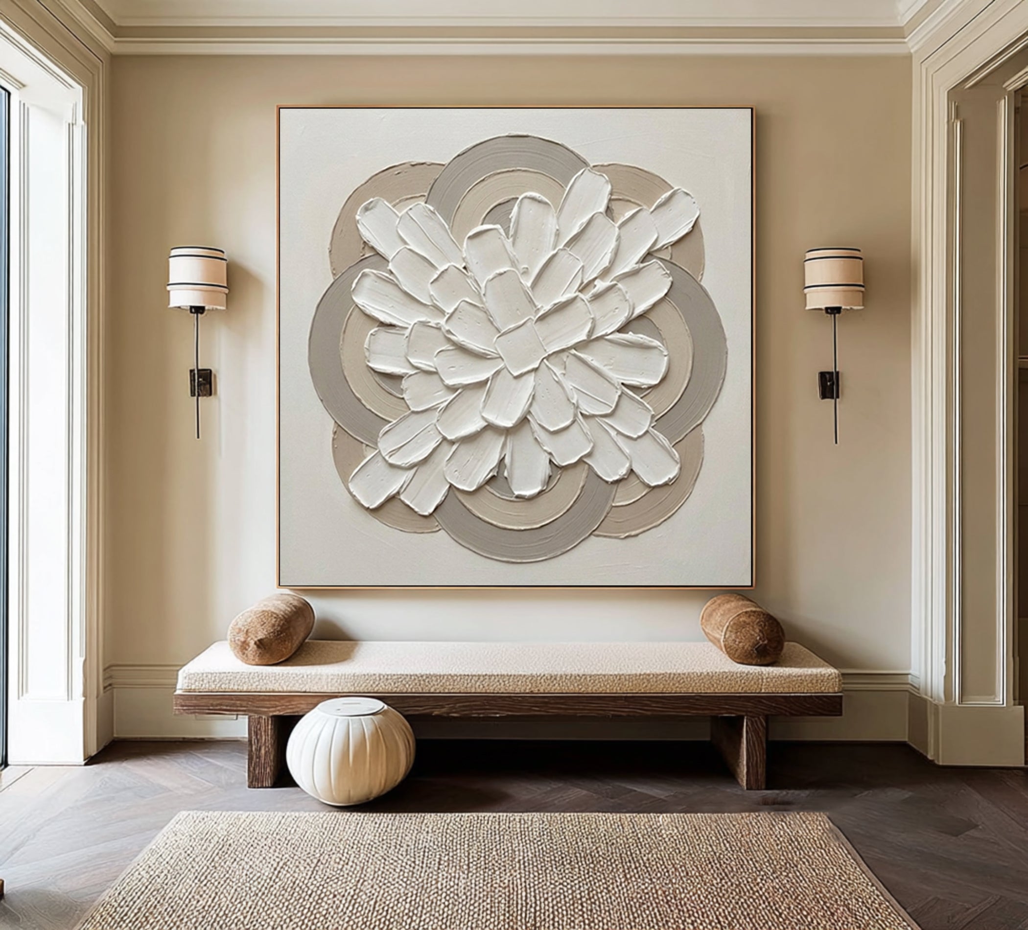 Large Modern Ring Floral Wall Art Contemporary Neutral Sculptural Canvas Painting