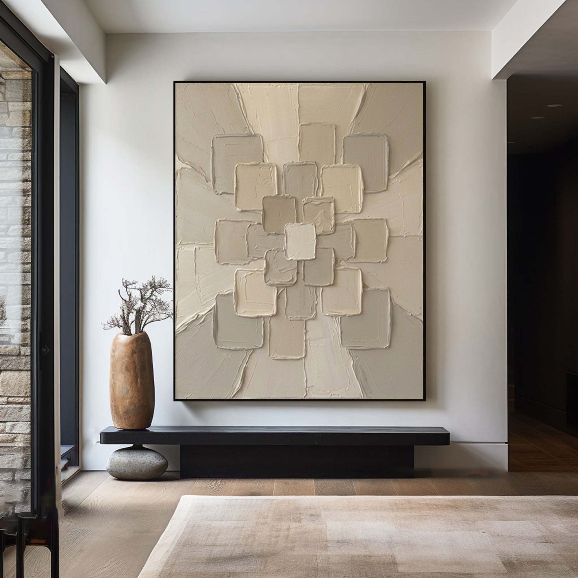 Large Neutral Geometric Textured Canvas Art Modern Sculptural Wall Decor
