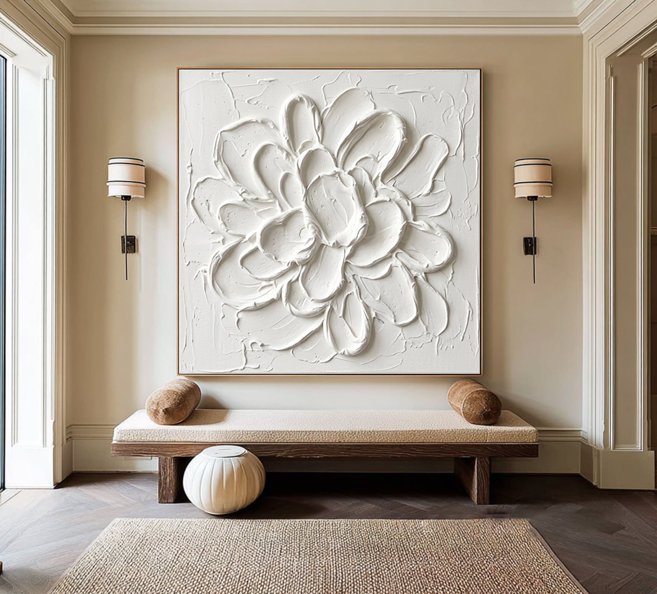 Large White Floral Textured Canvas Art Modern Sculptural Wall Decor