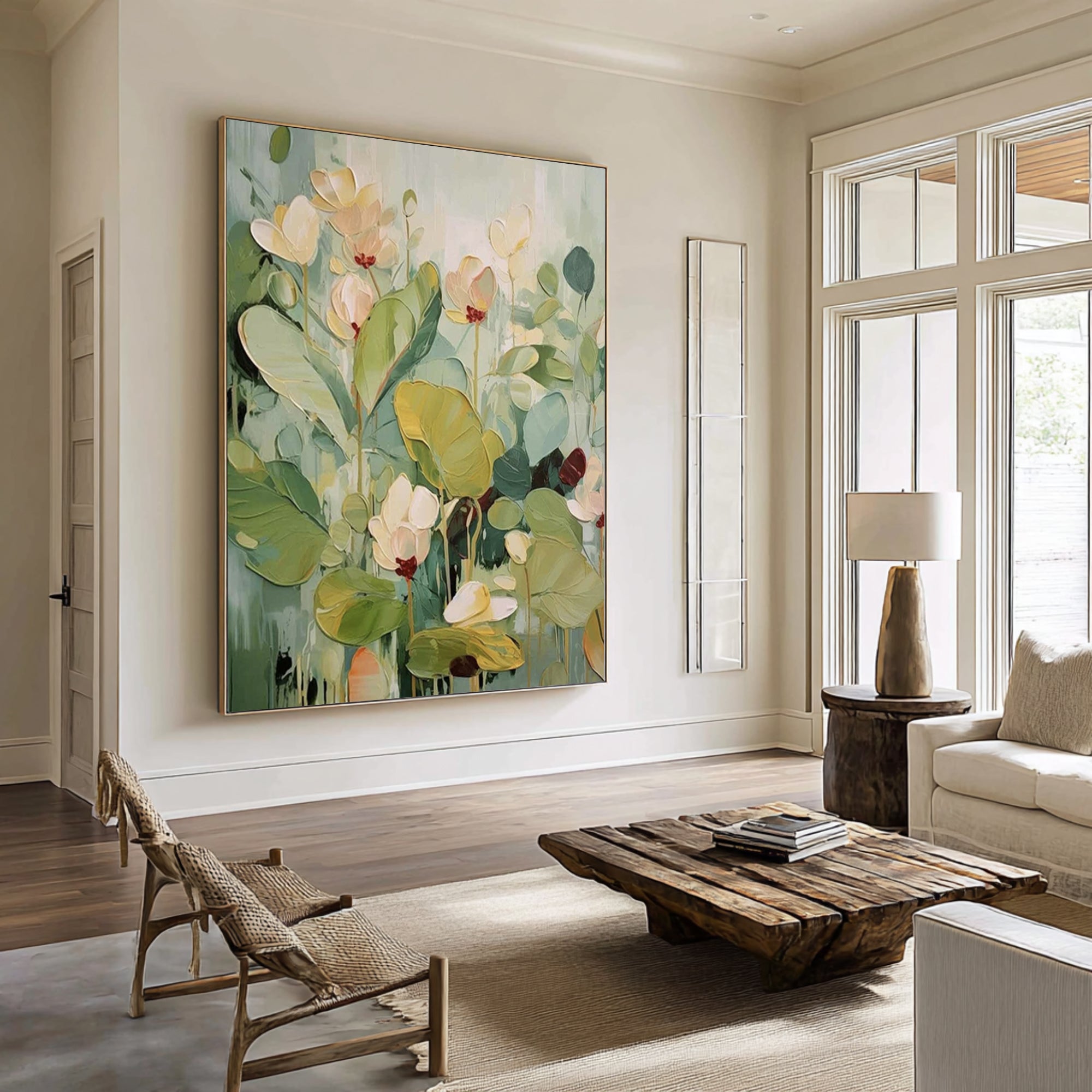 Large Botanical Floral Painting Green Neutral Wall Art