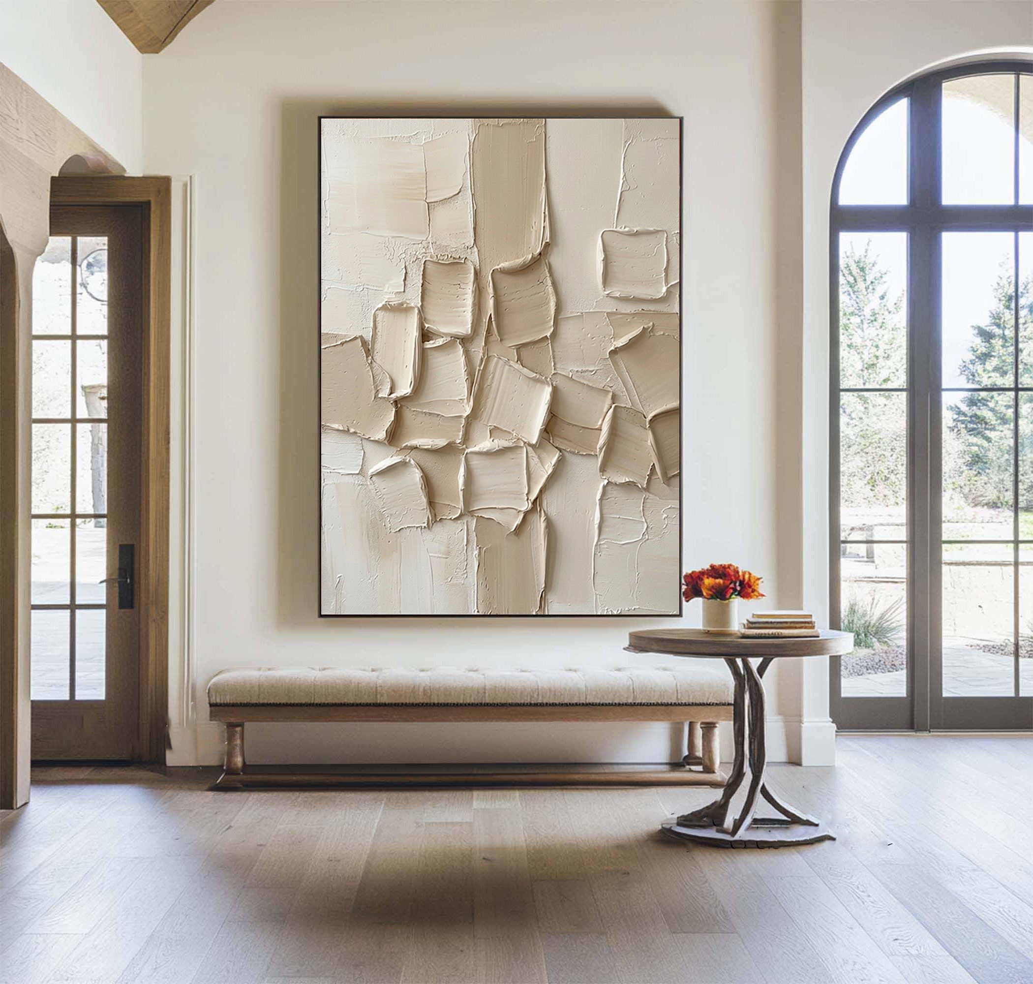 Large Hand-Painted Abstract Relief Painting in Neutral Cream Tones