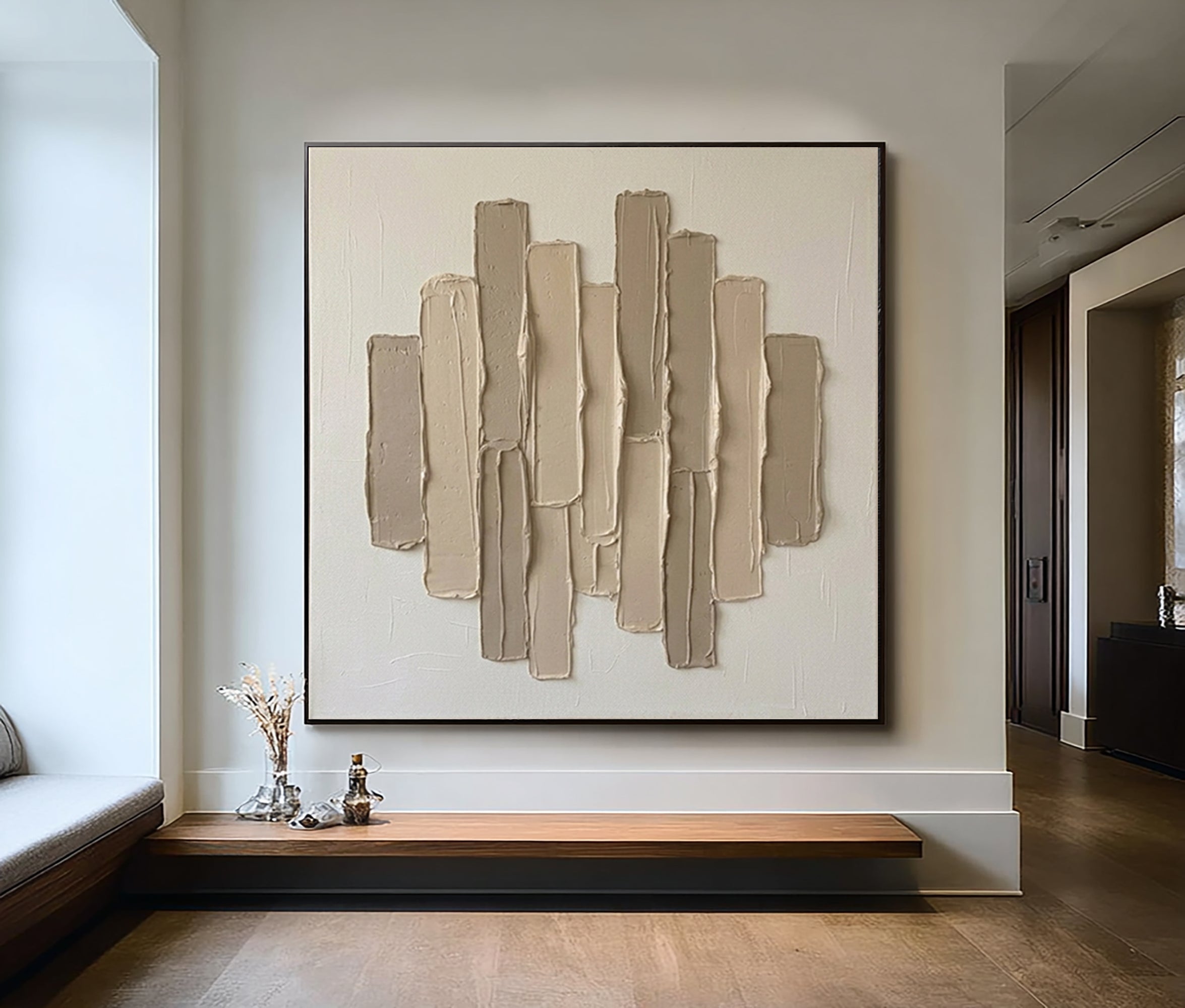 Large Linear Sculptural Wall Art Neutral Contemporary Hand Painted Texture Canvas