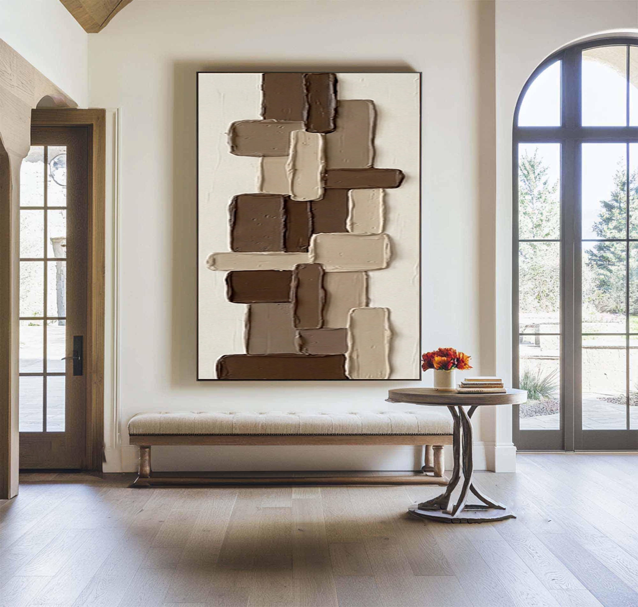 Large Modern Mosaic Texture Wall Art Handmade Neutral Canvas