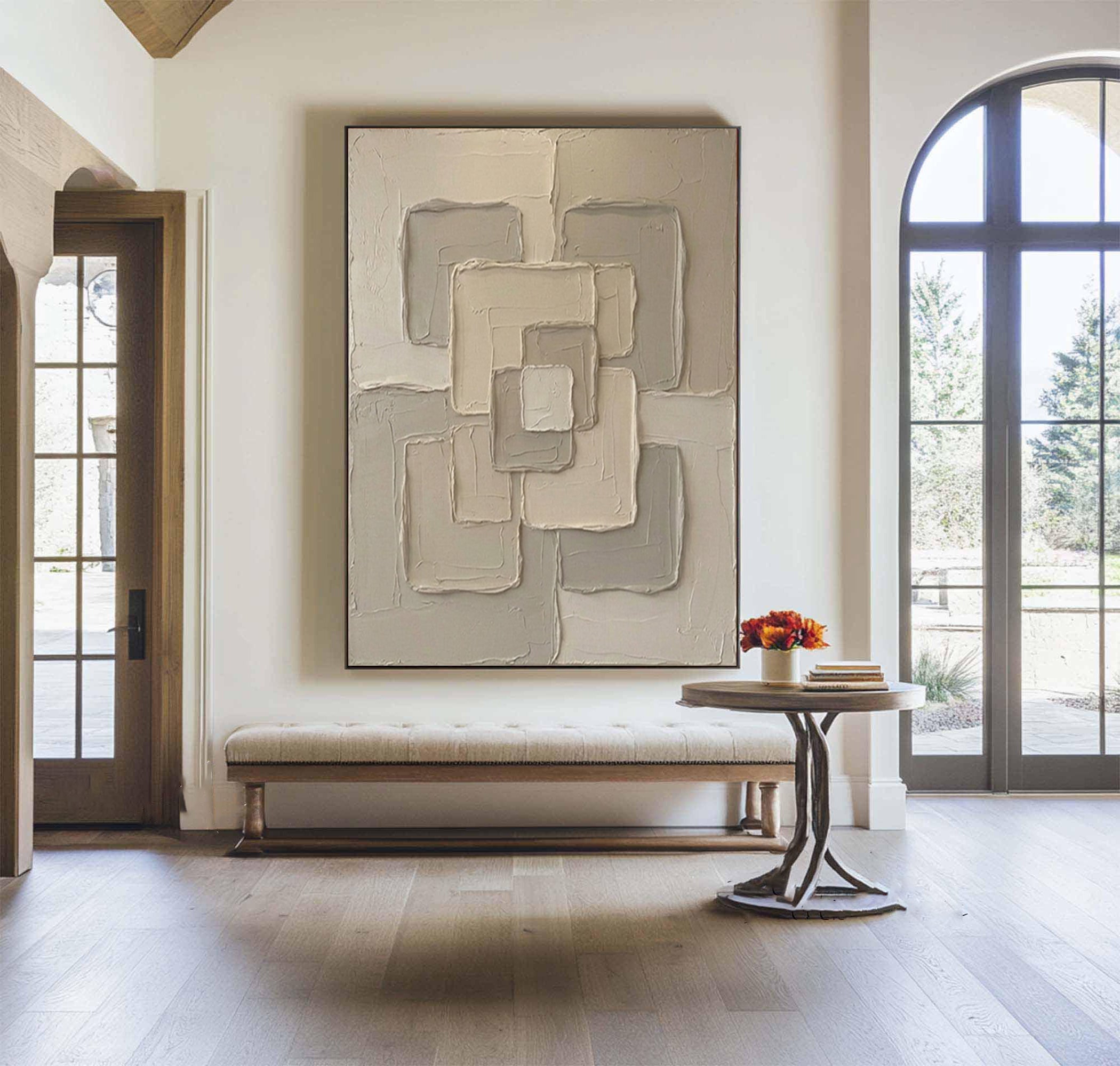Large Neutral Geometric Textured Canvas Art Modern Abstract Wall Decor