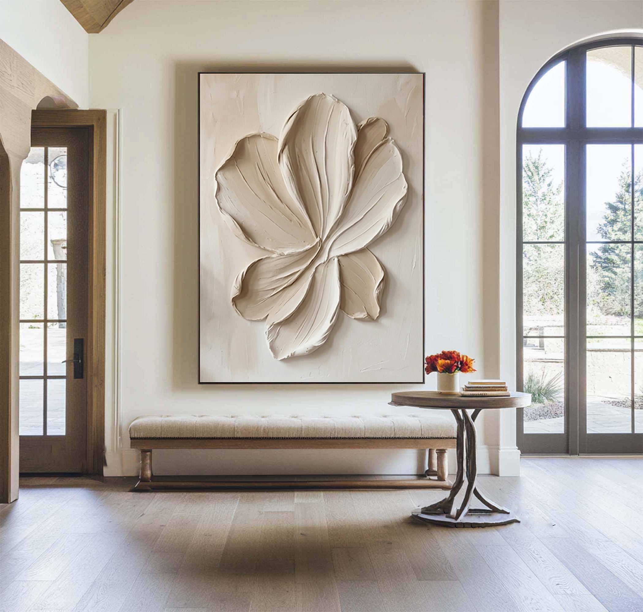 Large White Floral Relief Textured Canvas Art Organic Modern Wall Decor