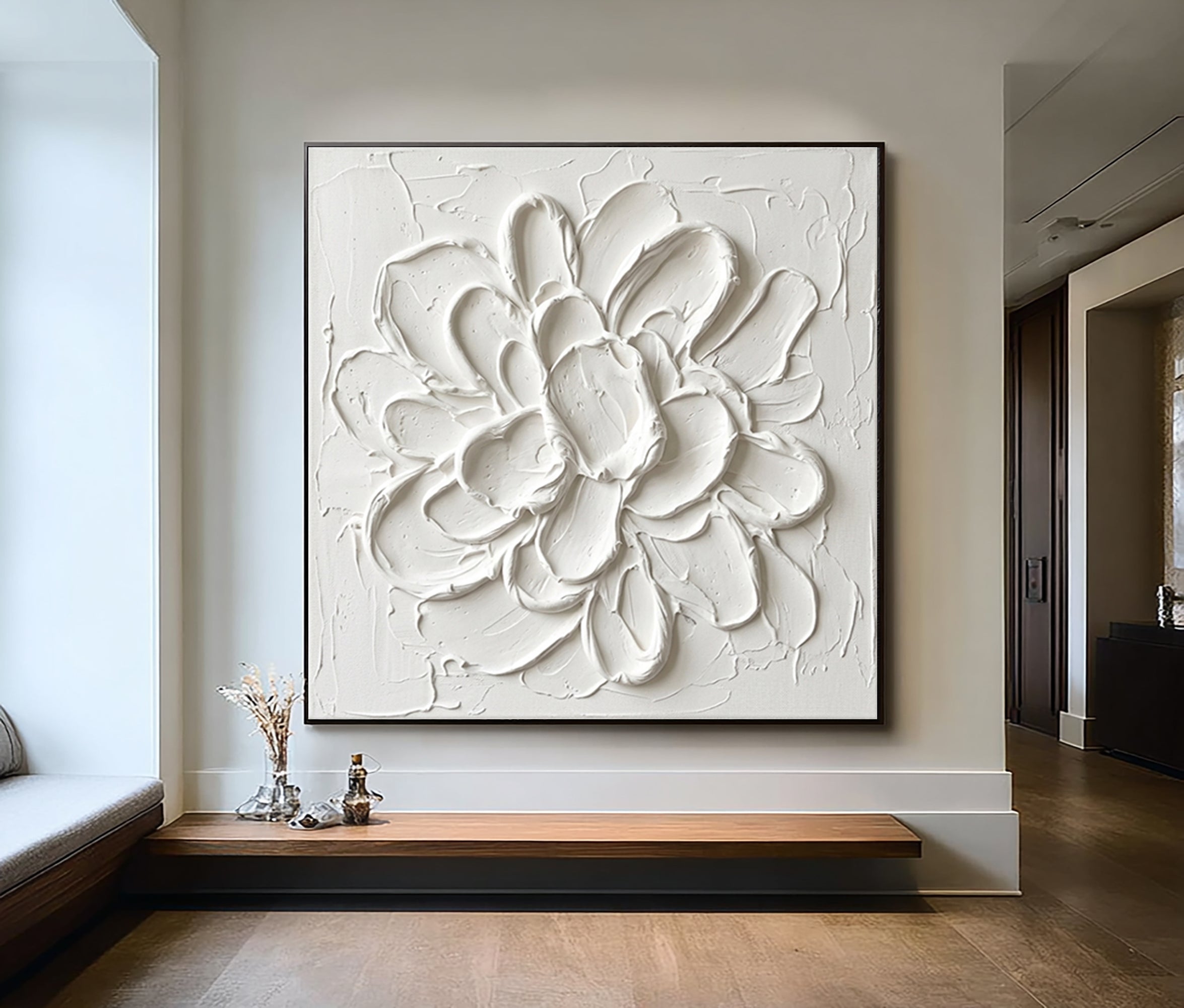 Large White Floral Textured Canvas Art Modern Sculptural Wall Decor
