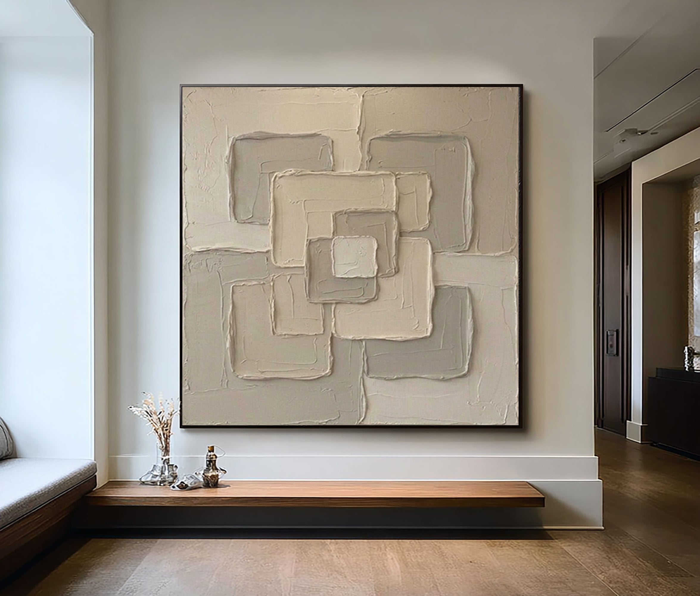 Large Connected Square Wall Art Contemporary Neutral Sculptural Canvas Painting
