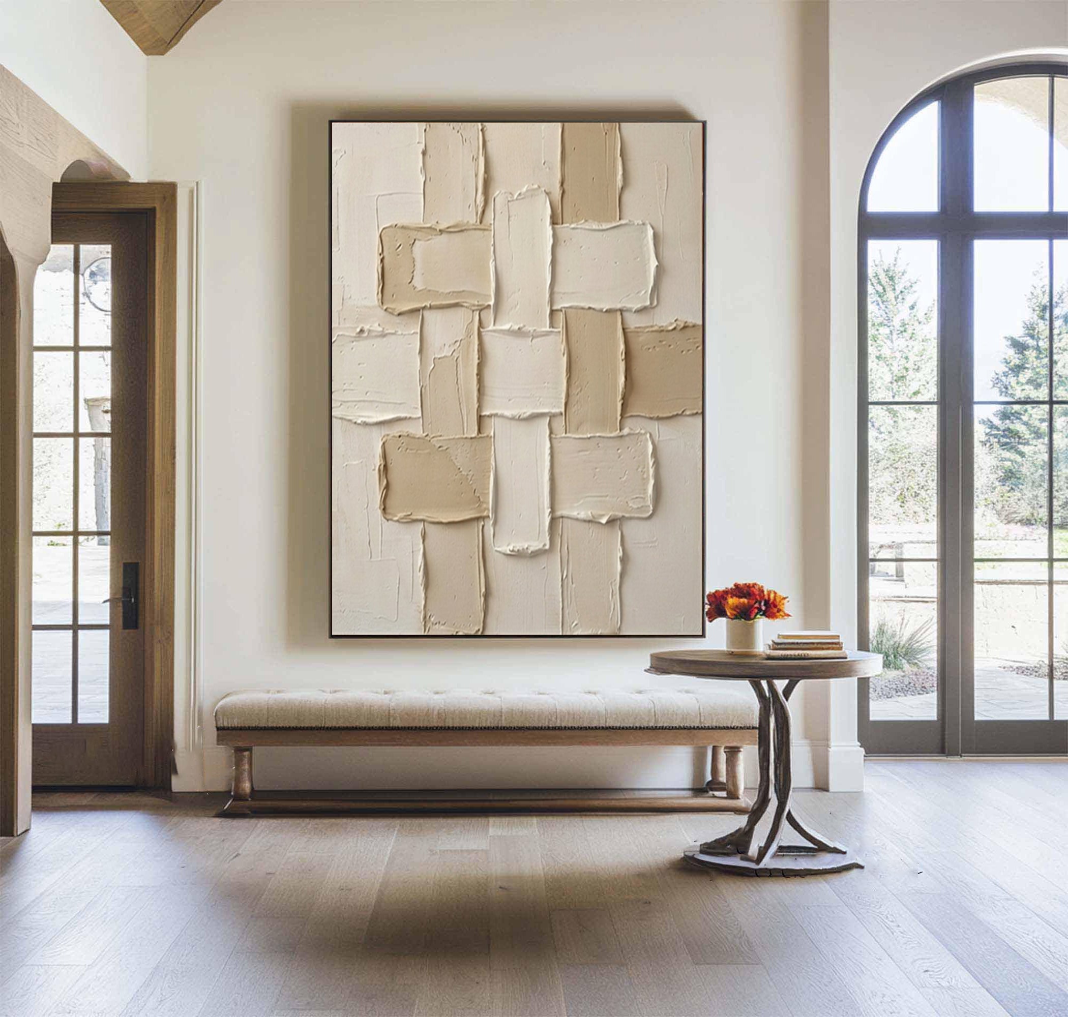 Large Woven Geometric Textured Canvas Art Neutral Beige Abstract Wall Decor