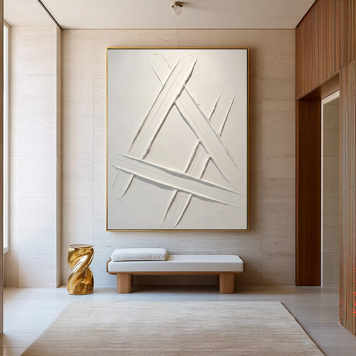Intersecting Lines Minimalist Textured Abstract Artwork Handmade White Contemporary Geometric Wall Painting