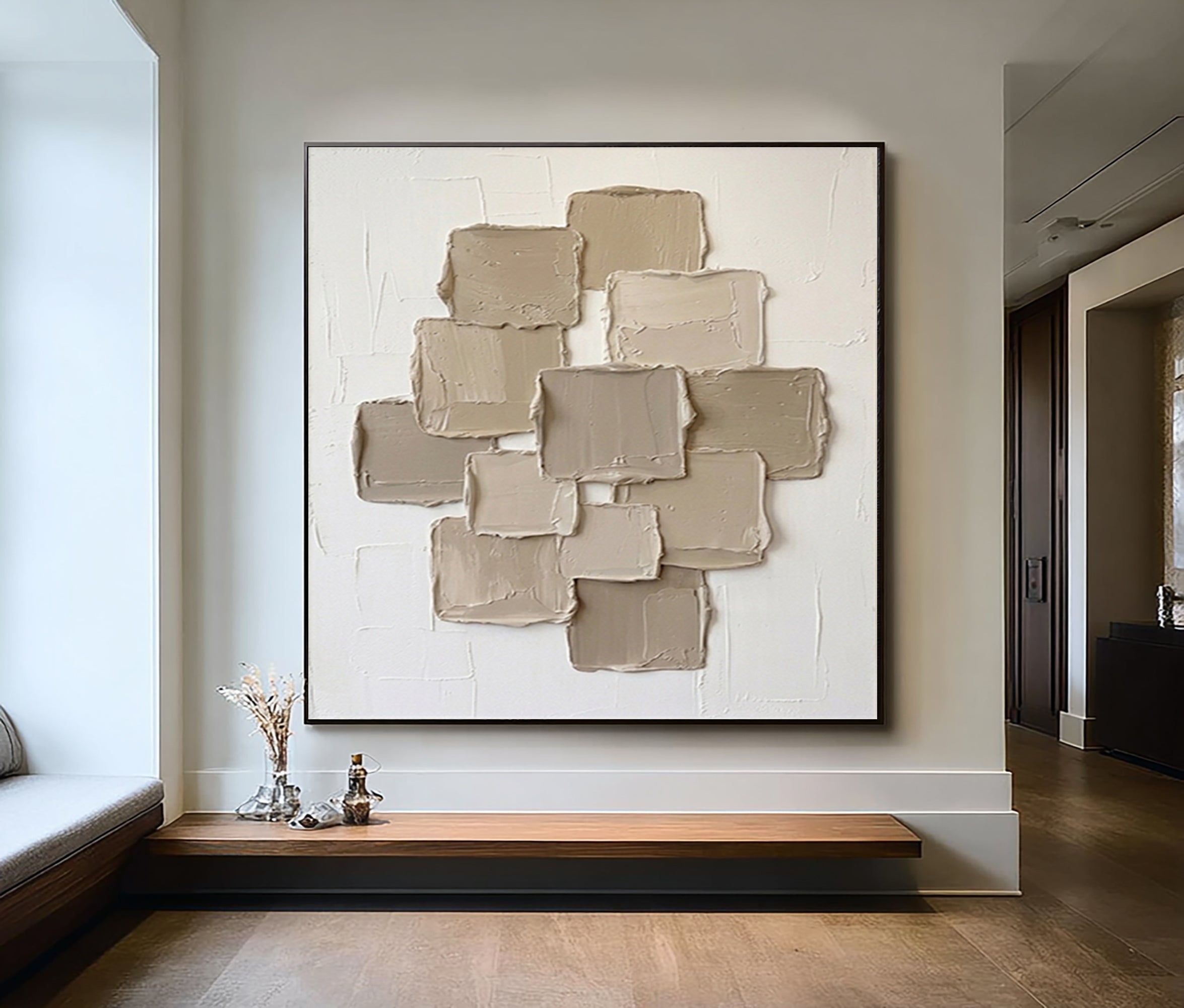Large Beige Textured Canvas Art Modern Hand Painted Wall Decor
