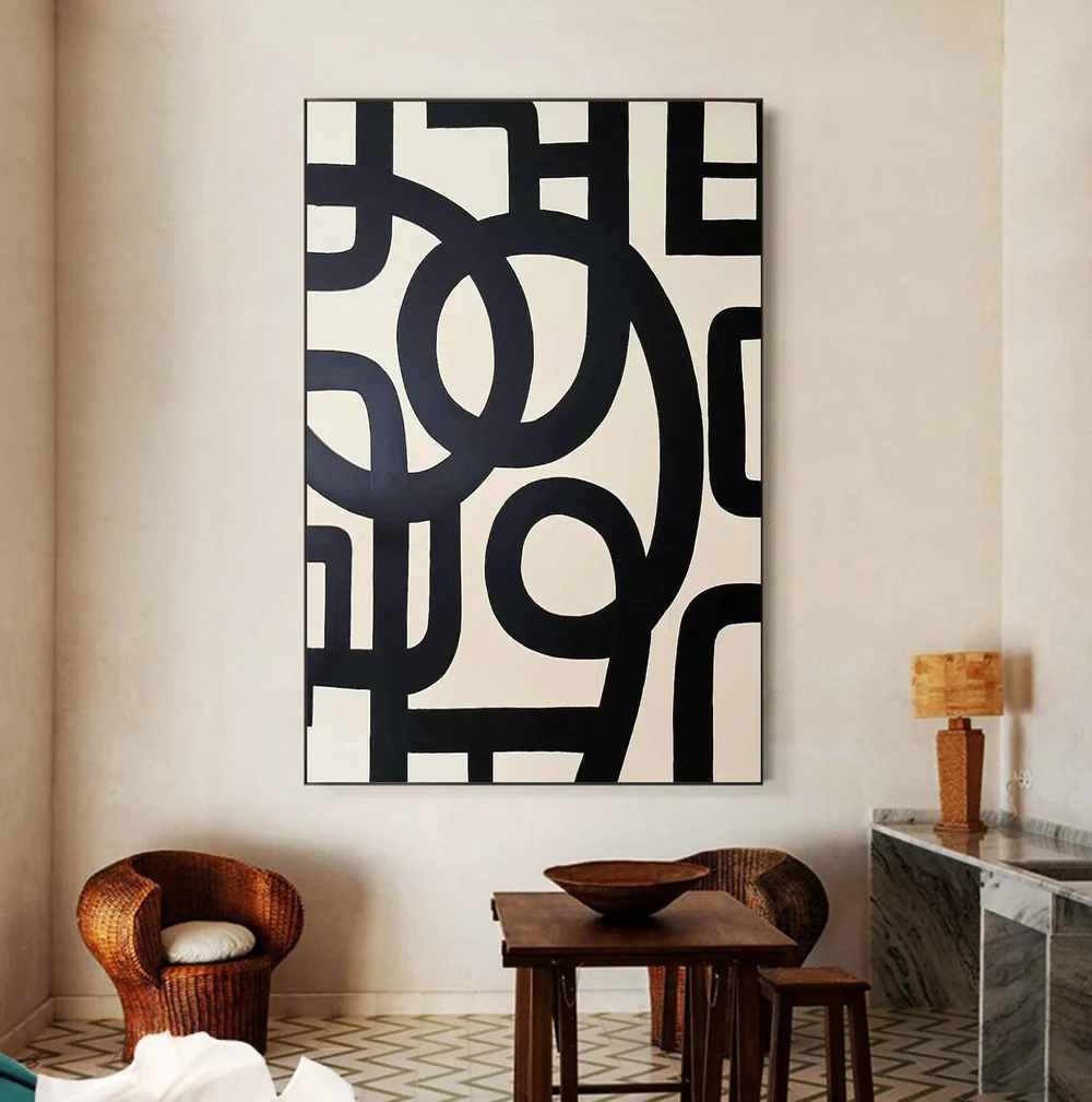 Large Modern Abstract Oil Painting, Black and White Geometric Wall Art for Living Room #WAC 031