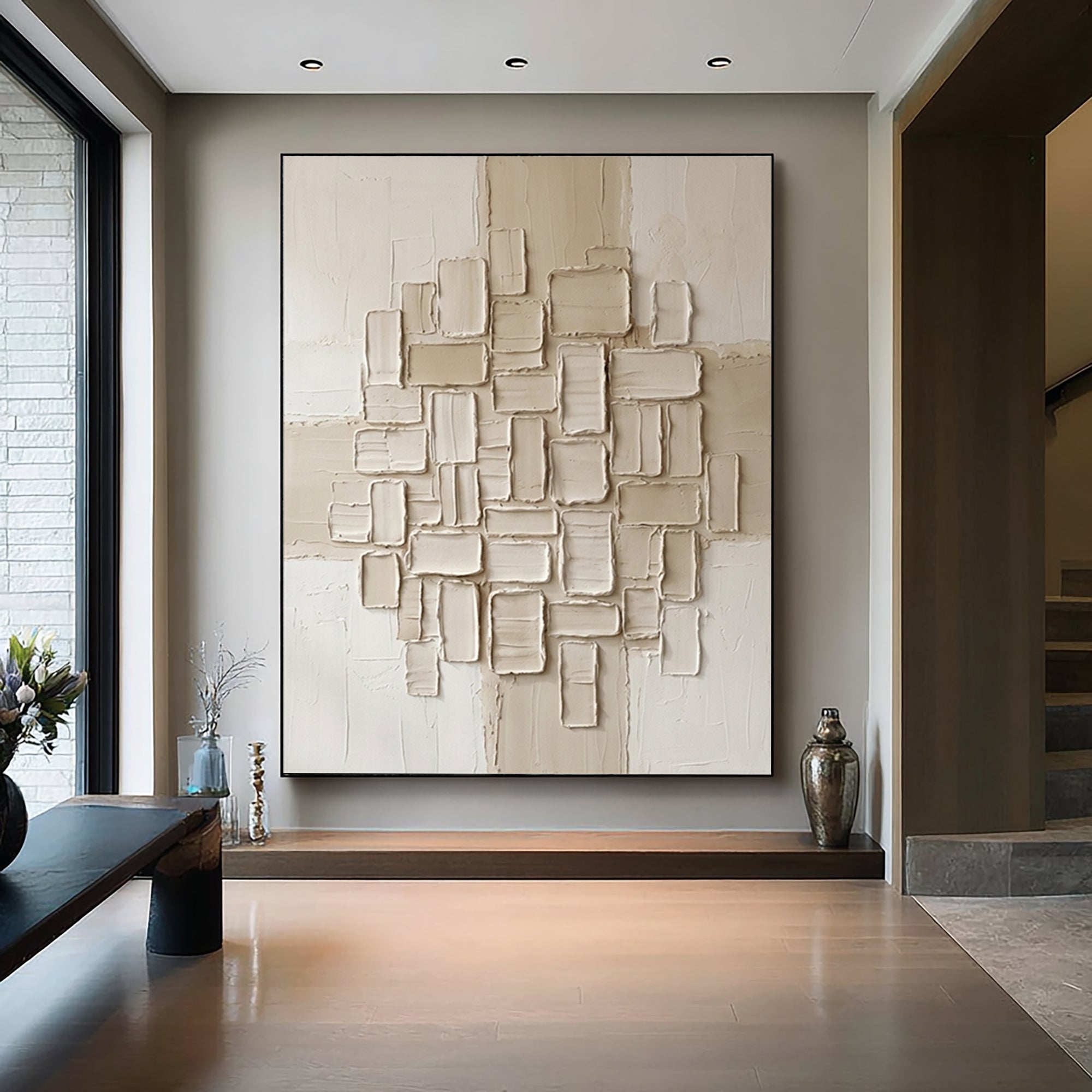 Large Textured Oil Painting with Geometric Relief Wall Art Design