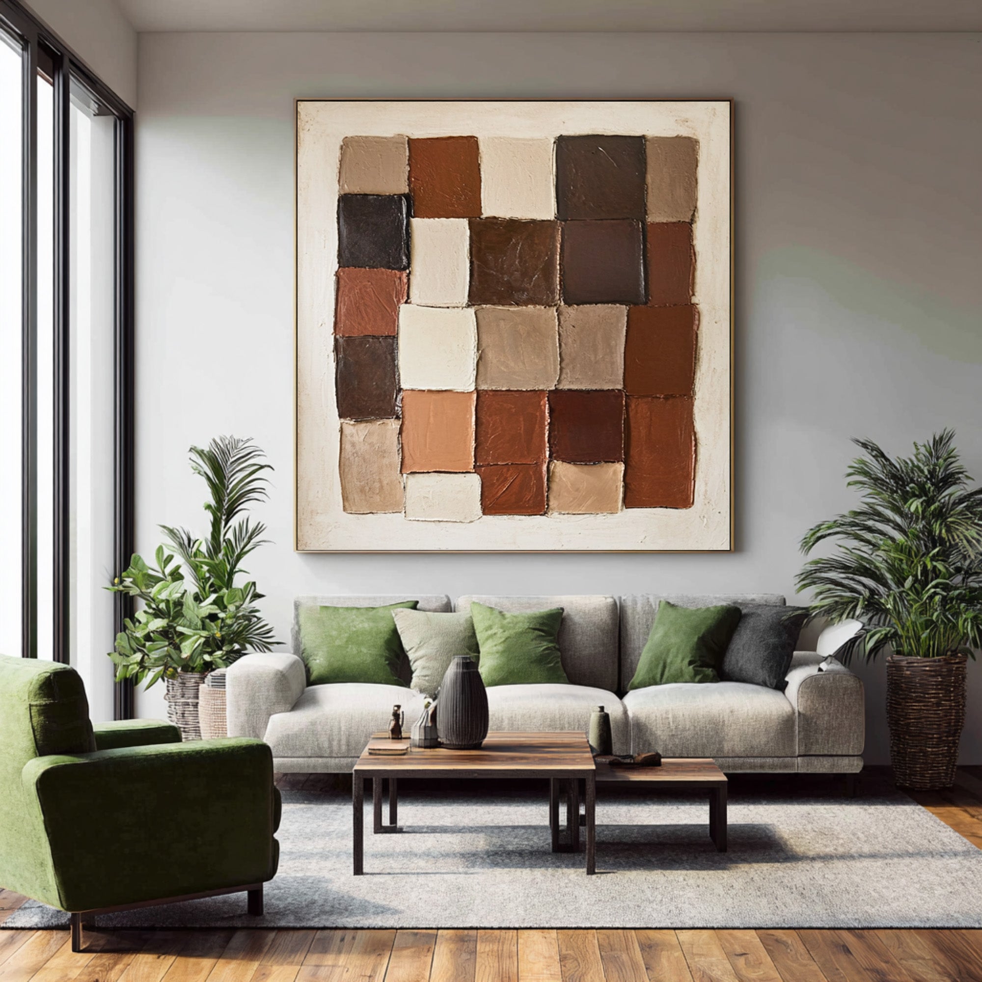 Large Modern Abstract Oil Painting, Earth-Tone Geometric Wall Art for Contemporary Interiors #WAC 008