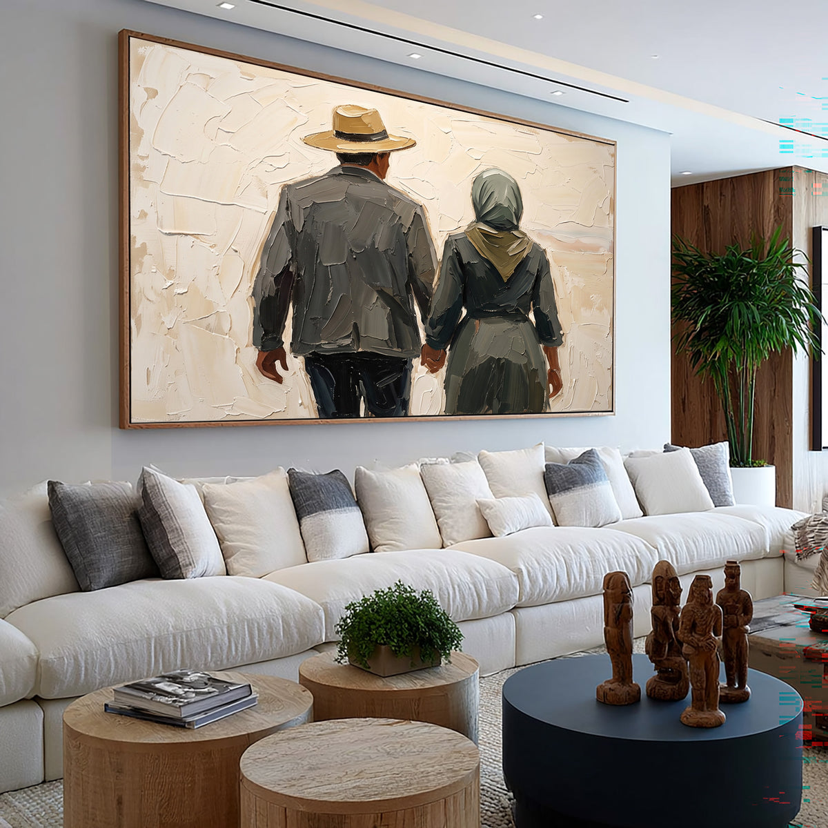 Large Rustic Couple Holding Hands Wall Art Textured Oil Painting Vintage Americana Figurative Portrait Western Inspired Modern Farmhouse Decor