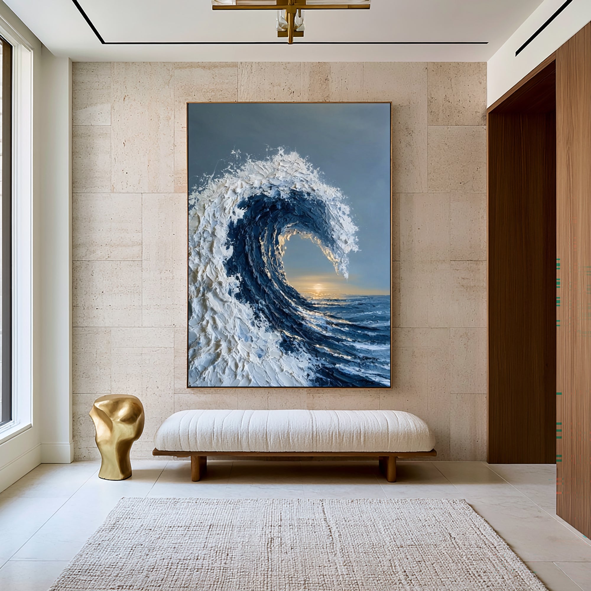 Large Ocean Wave Wall Art Textured Oil Painting Coastal Seascape Golden Horizon Blue Sea Abstract Artwork Modern Luxury Decor
