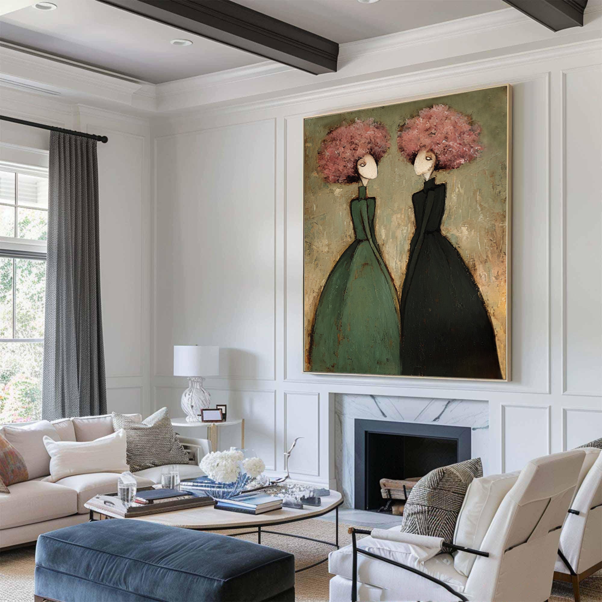 Large Contemporary Portrait Oil Painting on Canvas – Green and Pink Modern Wall Art #WAC 035