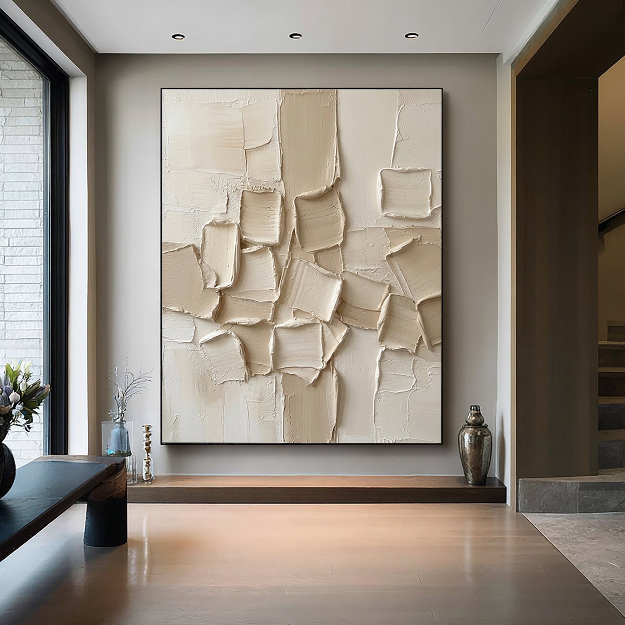 Large Hand-Painted Abstract Relief Painting in Neutral Cream Tones