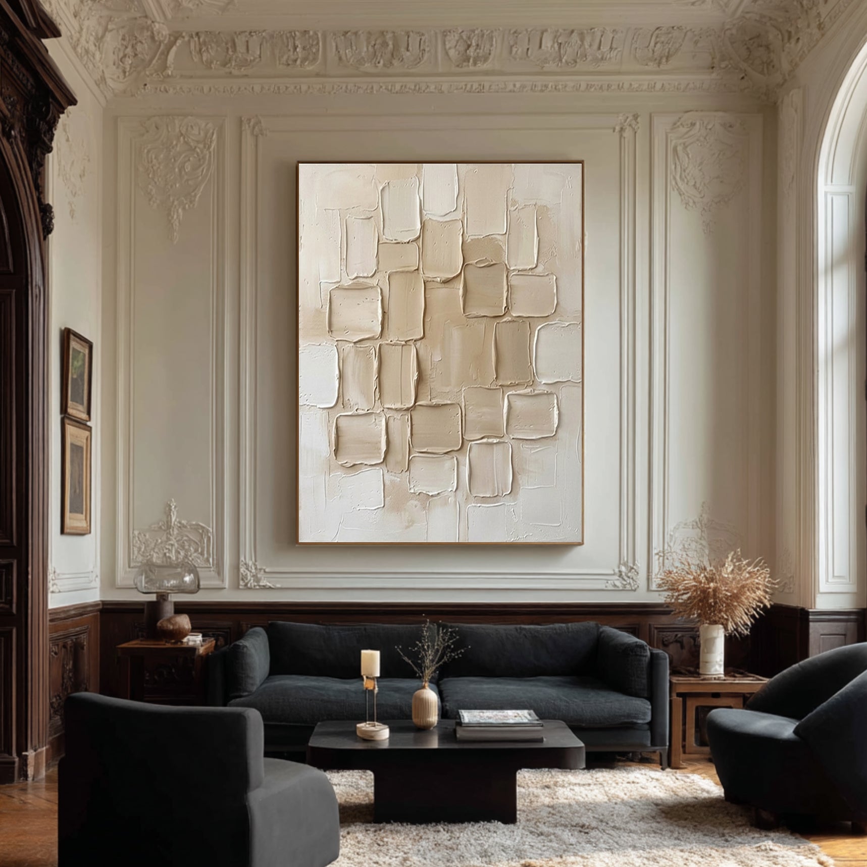 Large Mosaic Relief Textured Canvas Art Contemporary Neutral Wall Decor