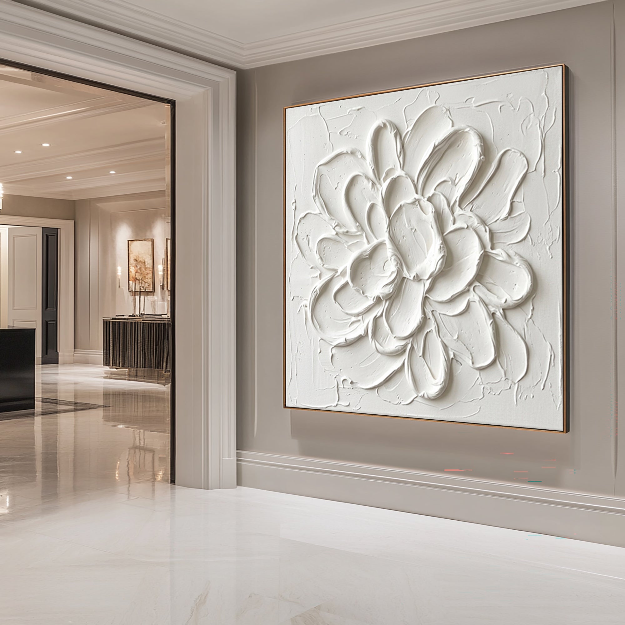 Large White Floral Textured Canvas Art Modern Sculptural Wall Decor