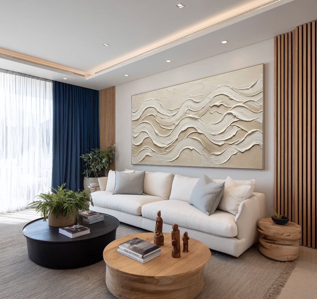 Large Textured Wave Painting Neutral Abstract Wall Art