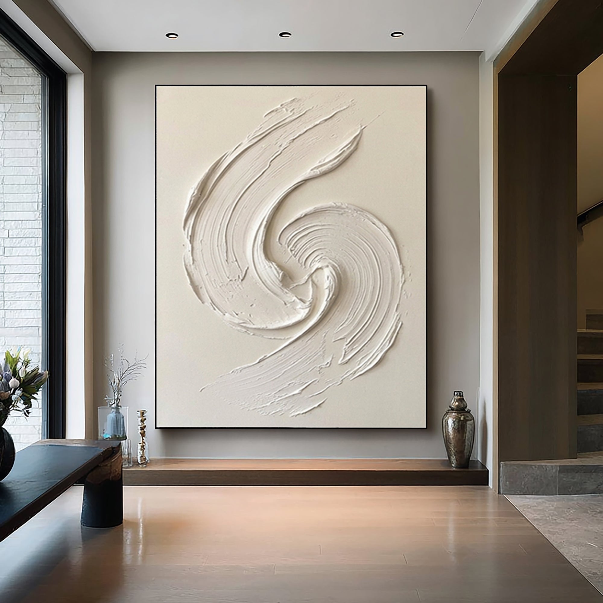 Large White Swirl Textured Wall Art Minimalist Abstract Canvas Painting