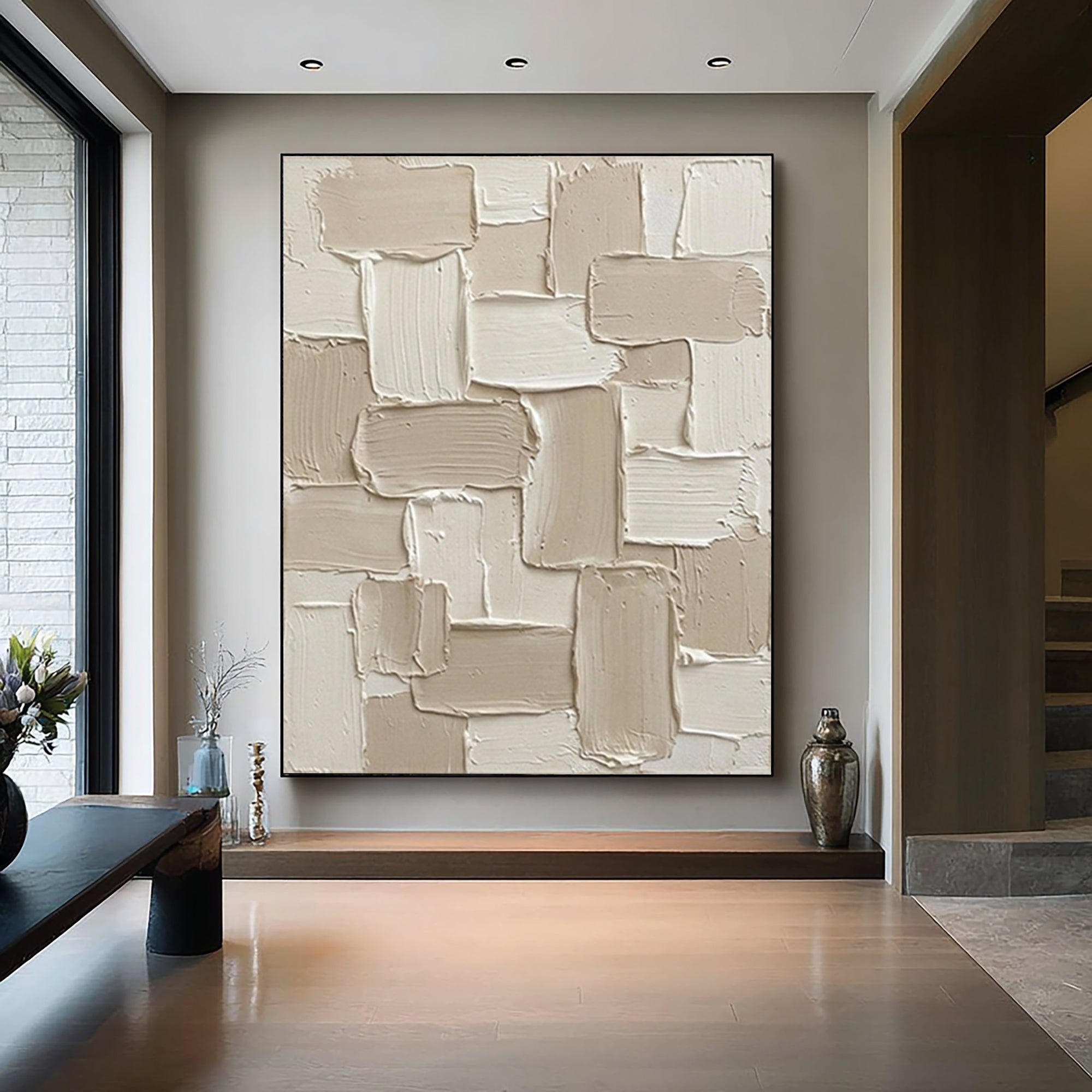 Large Minimalist Oil Painting with Contemporary Block Texture Design