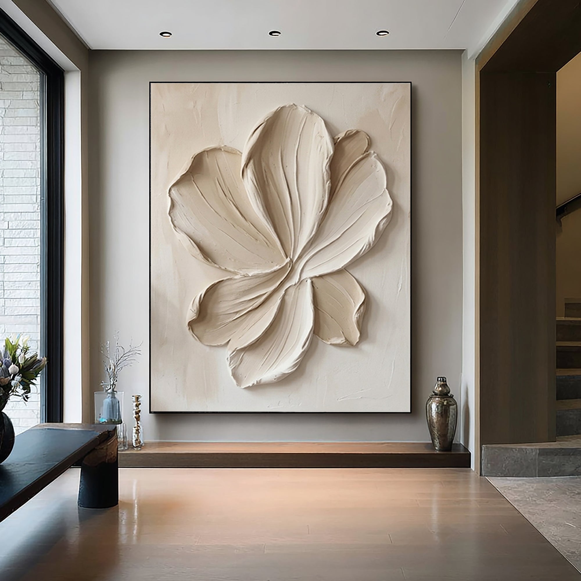 Large White Floral Relief Textured Canvas Art Organic Modern Wall Decor