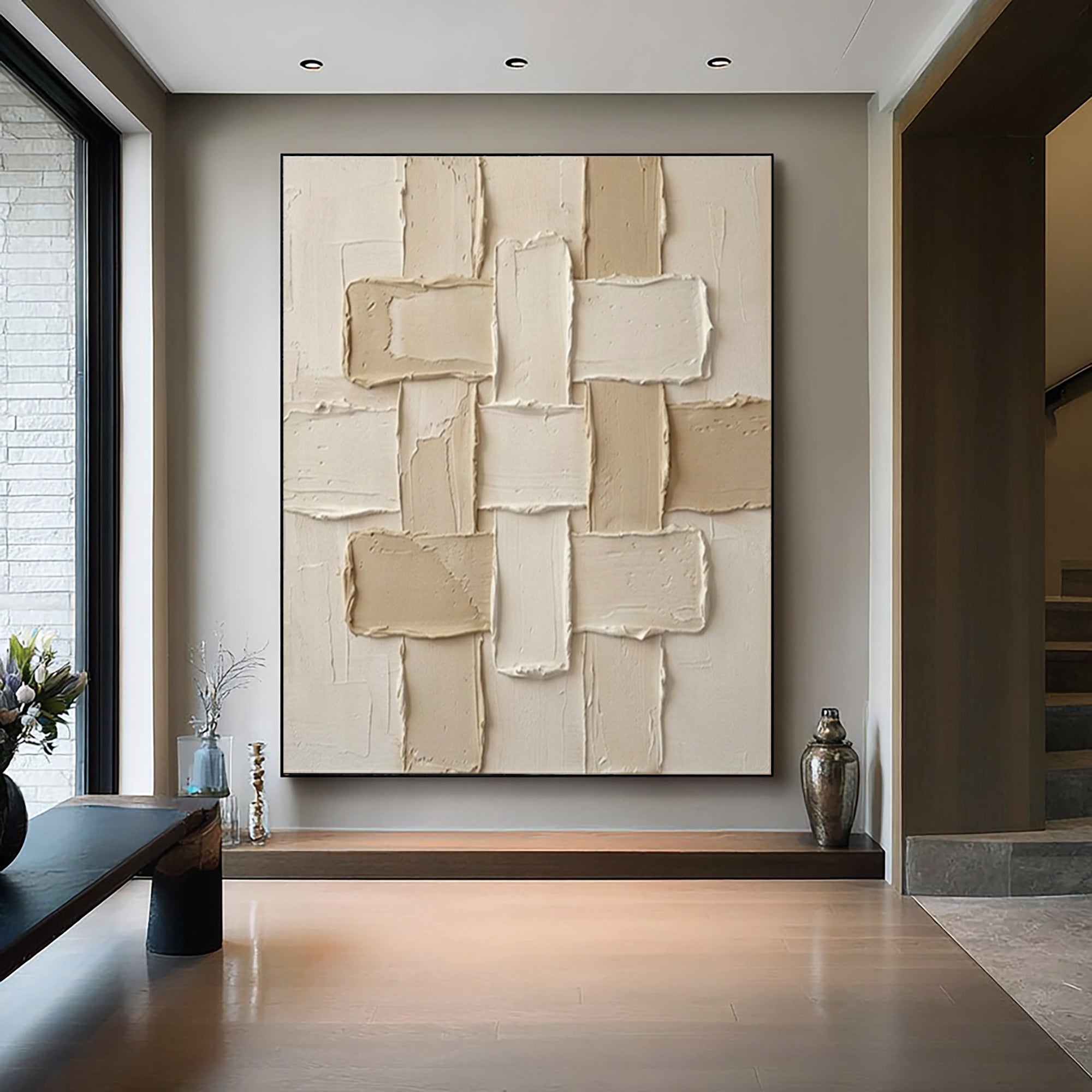 Large Woven Geometric Textured Canvas Art Neutral Beige Abstract Wall Decor