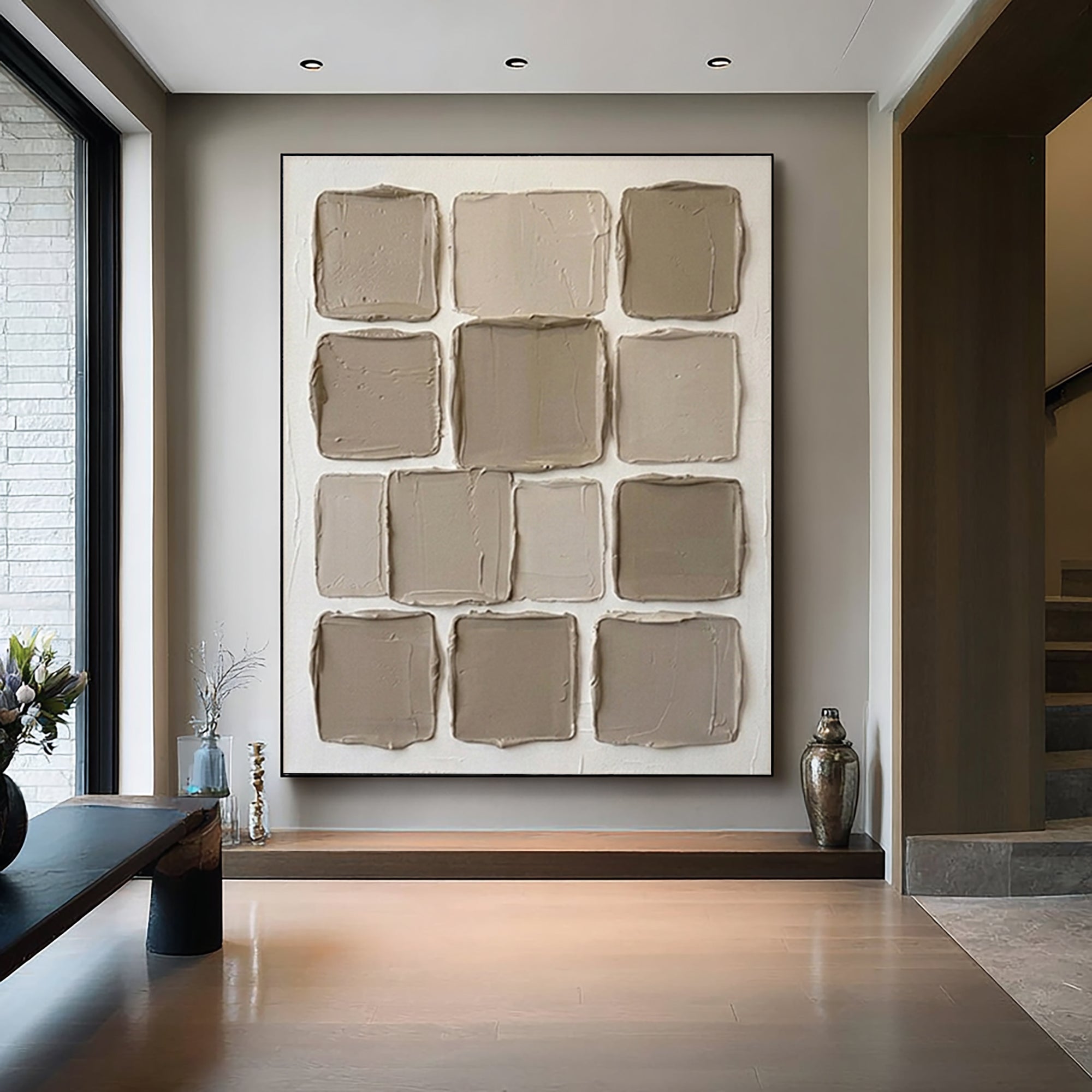 Large Neutral Grid Texture Oil Painting for Contemporary Interiors