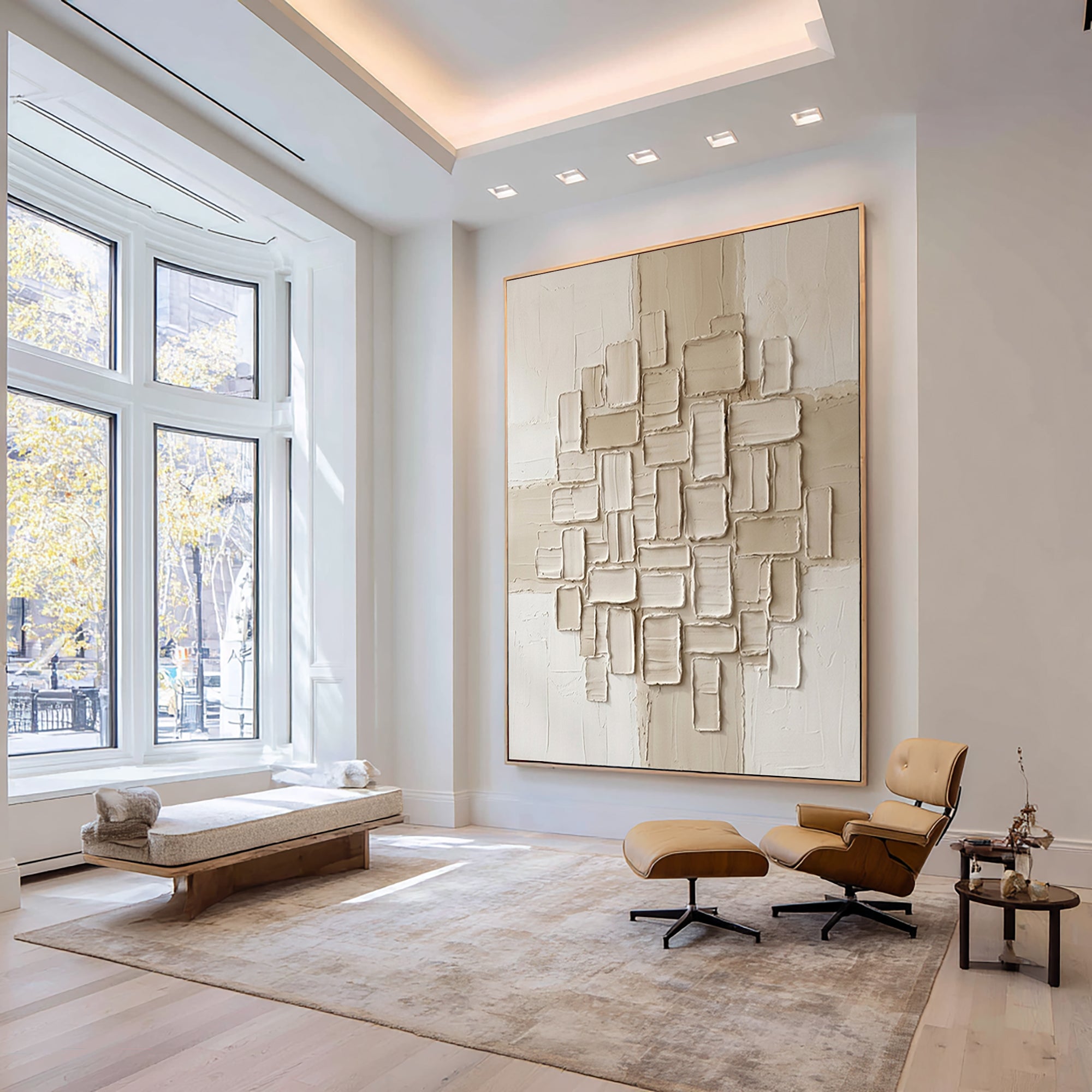 Large Textured Oil Painting with Geometric Relief Wall Art Design