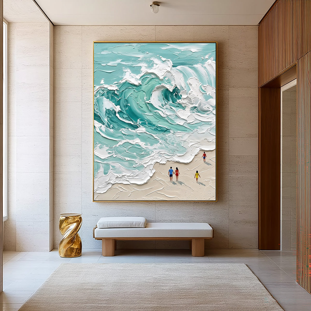 Large Turquoise Ocean Waves Textured Wall Art Coastal Seascape Oil Painting Beach Scene Artwork Modern Luxury Home Decor