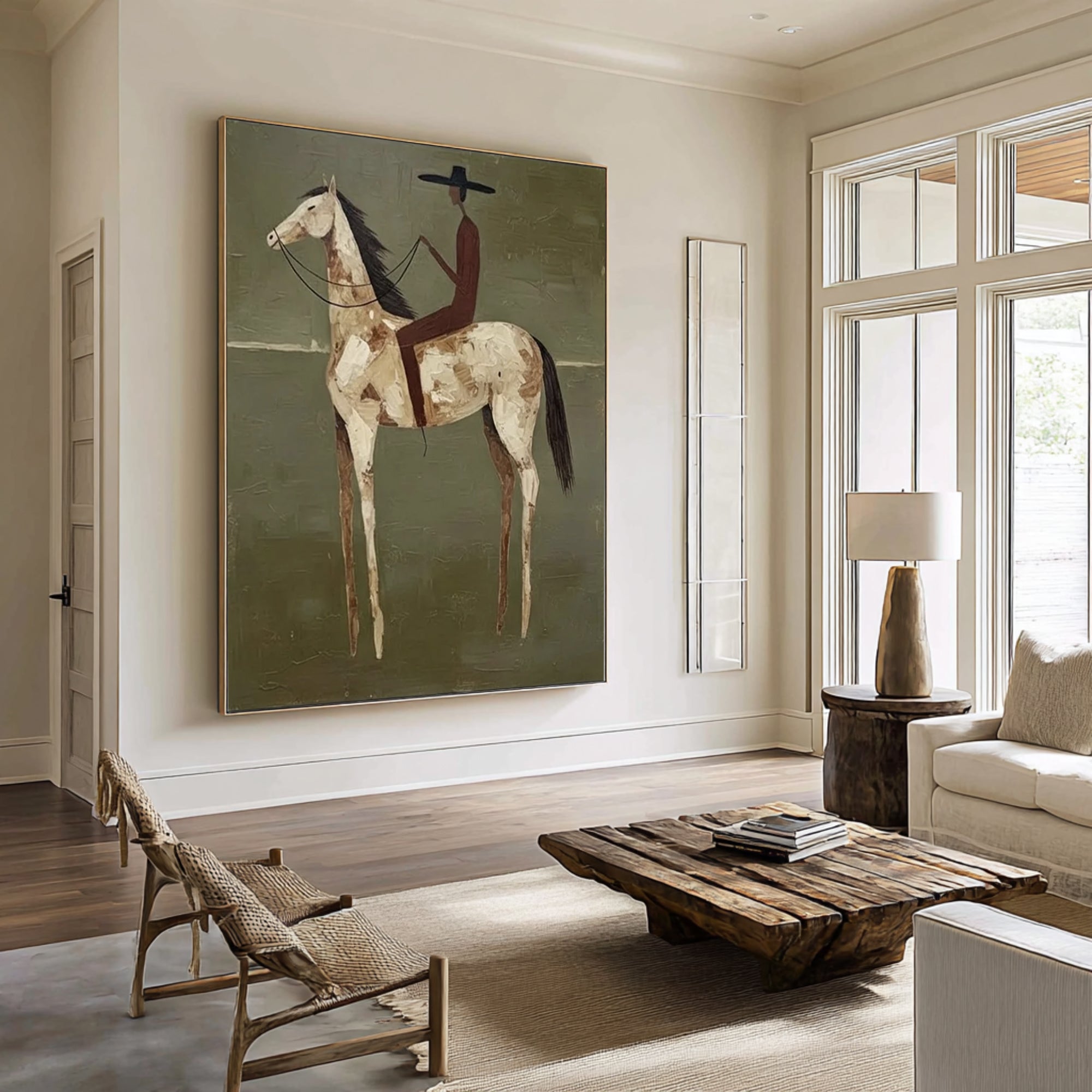 Large Minimalist Horse Rider Painting Contemporary Olive Green Wall Decor
