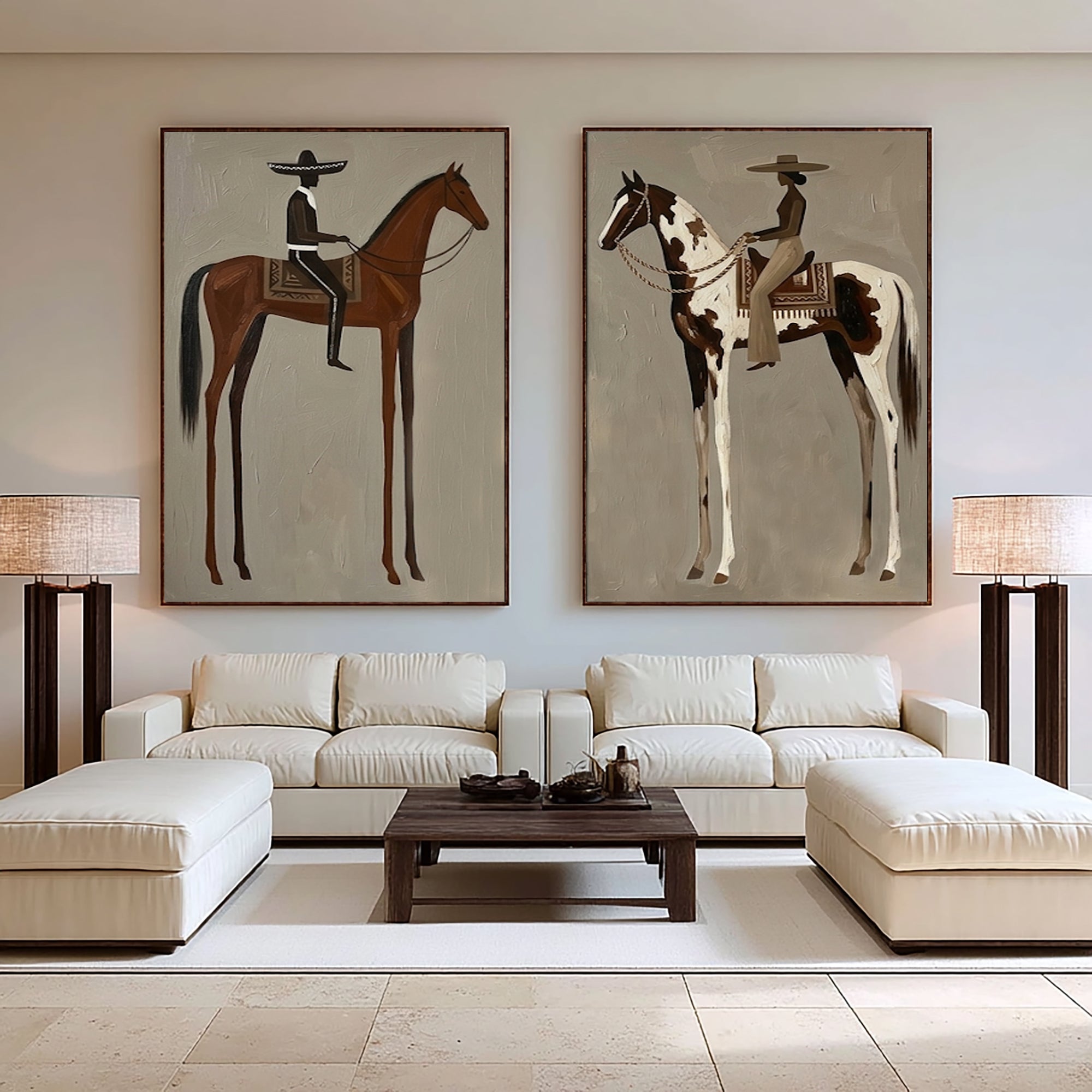 Large Cowboy Horse Wall Art Contemporary Western Diptych Canvas Painting