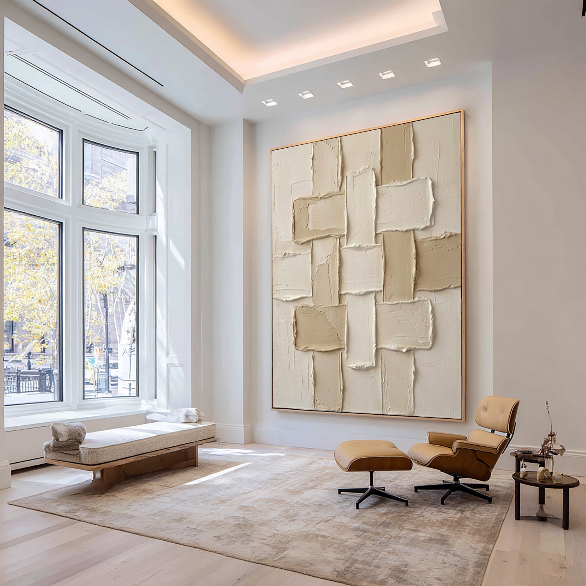 Large Woven Geometric Textured Canvas Art Neutral Beige Abstract Wall Decor