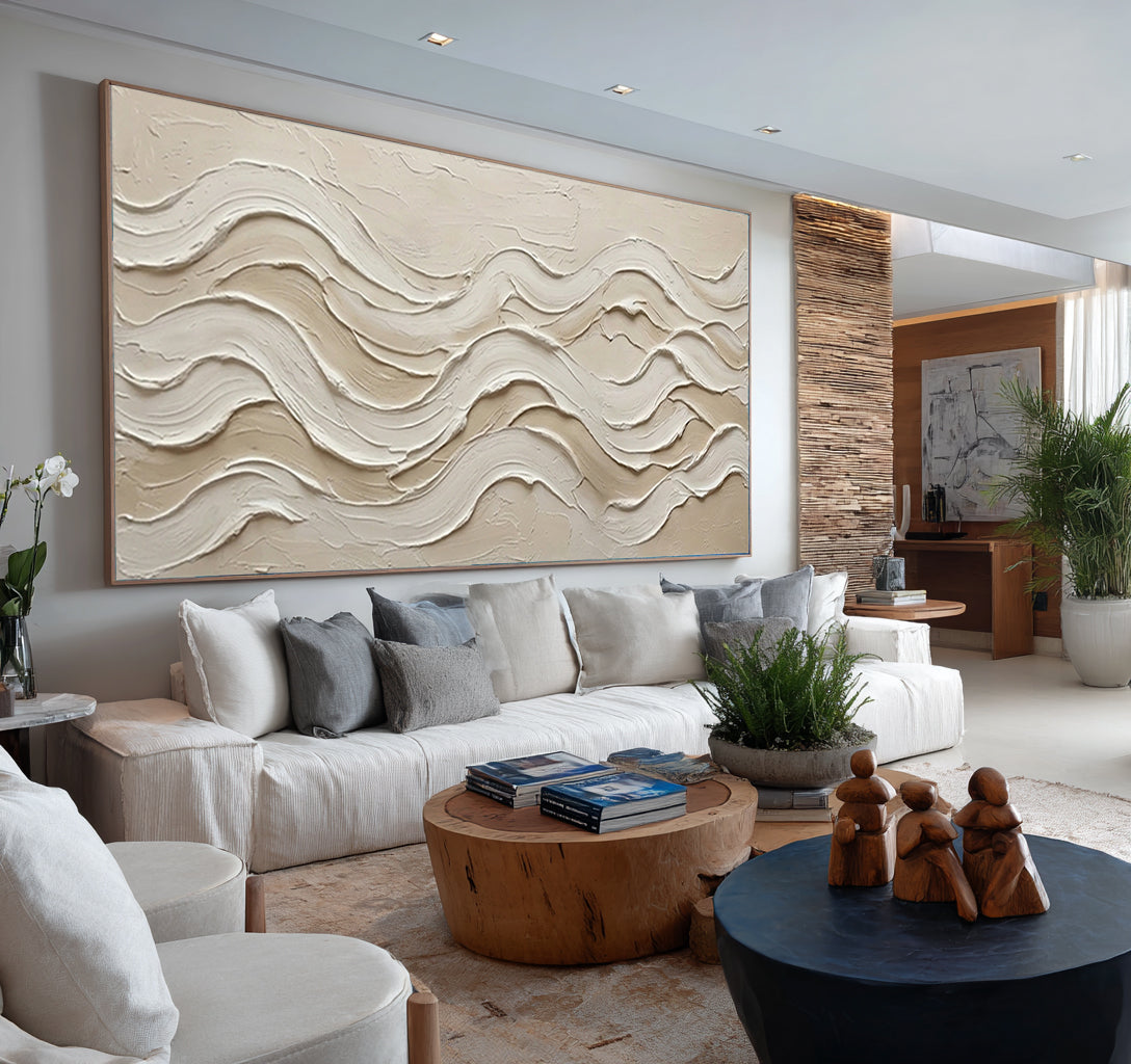 Large Textured Wave Painting Neutral Abstract Wall Art