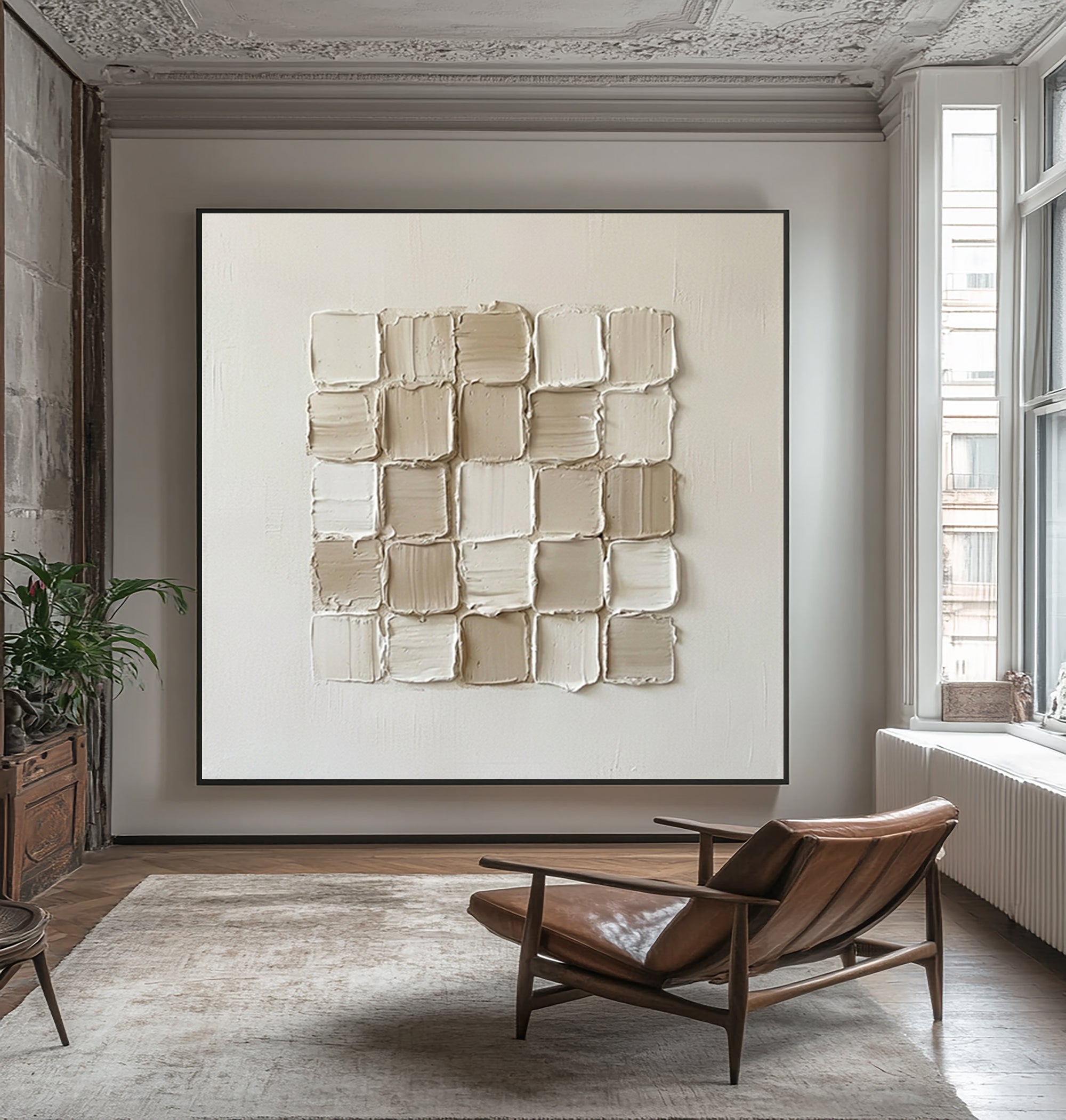 Large Geometric Textured Wall Art Contemporary Neutral Grid Canvas Painting