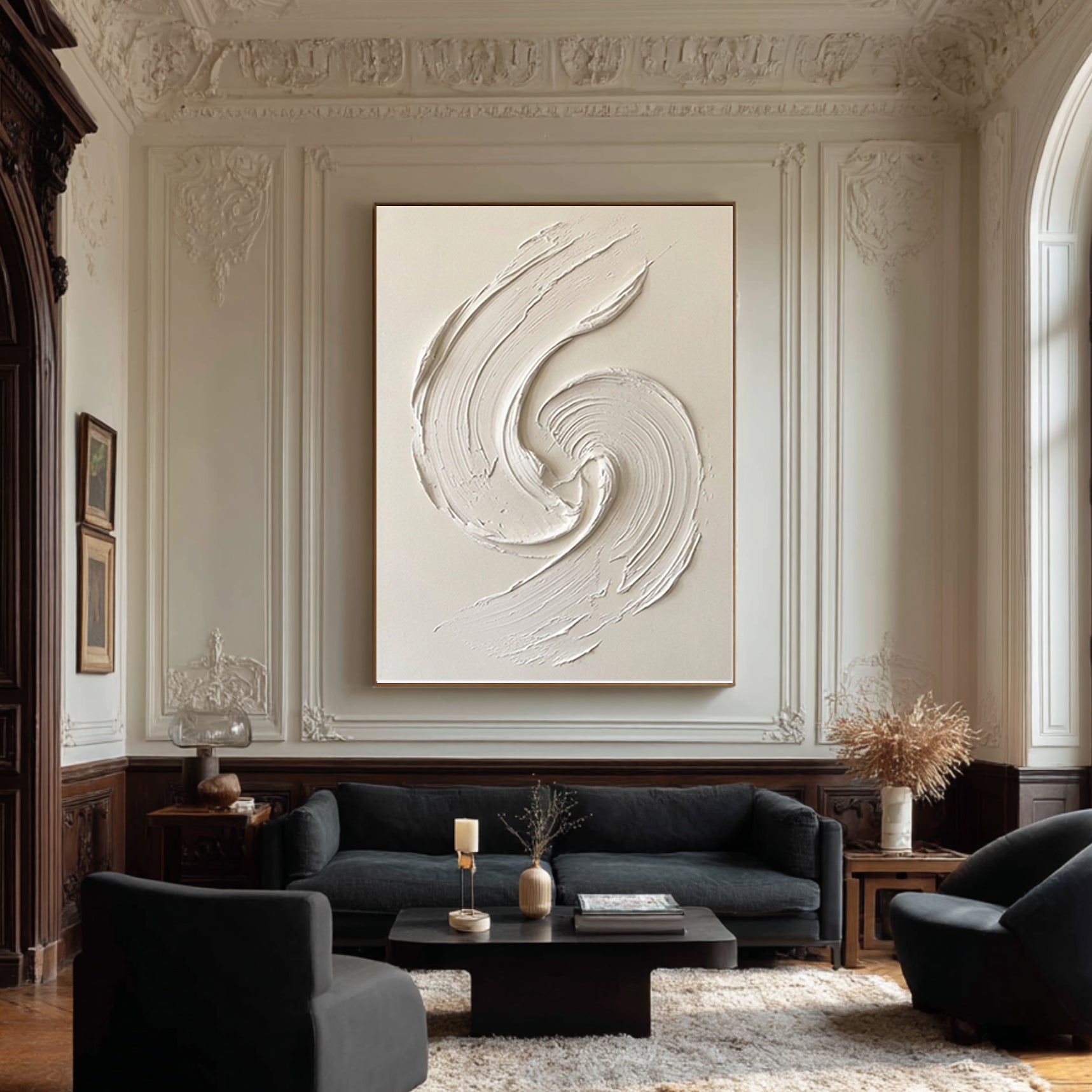 Large White Swirl Textured Wall Art Minimalist Abstract Canvas Painting