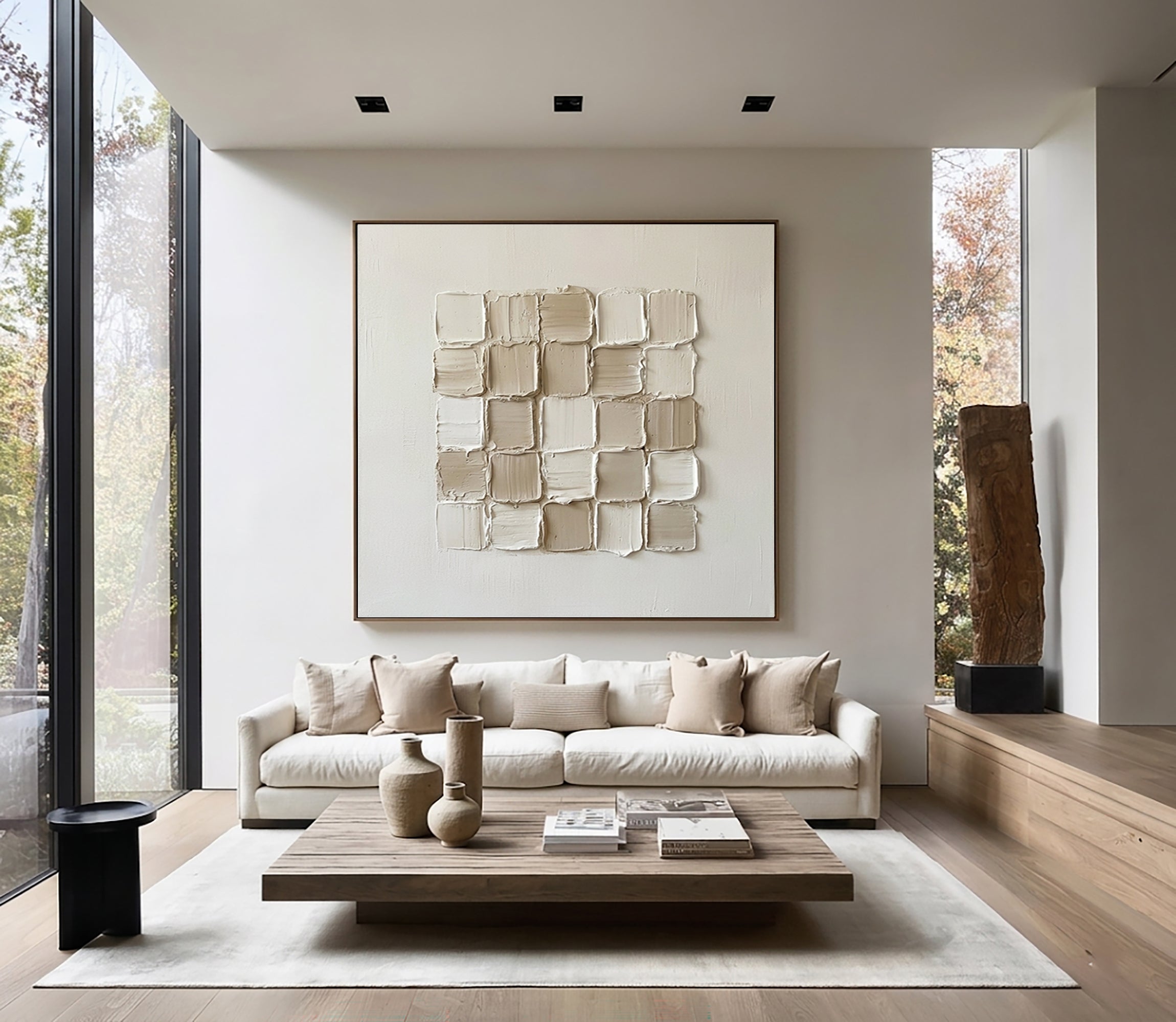 Large Geometric Textured Wall Art Contemporary Neutral Grid Canvas Painting