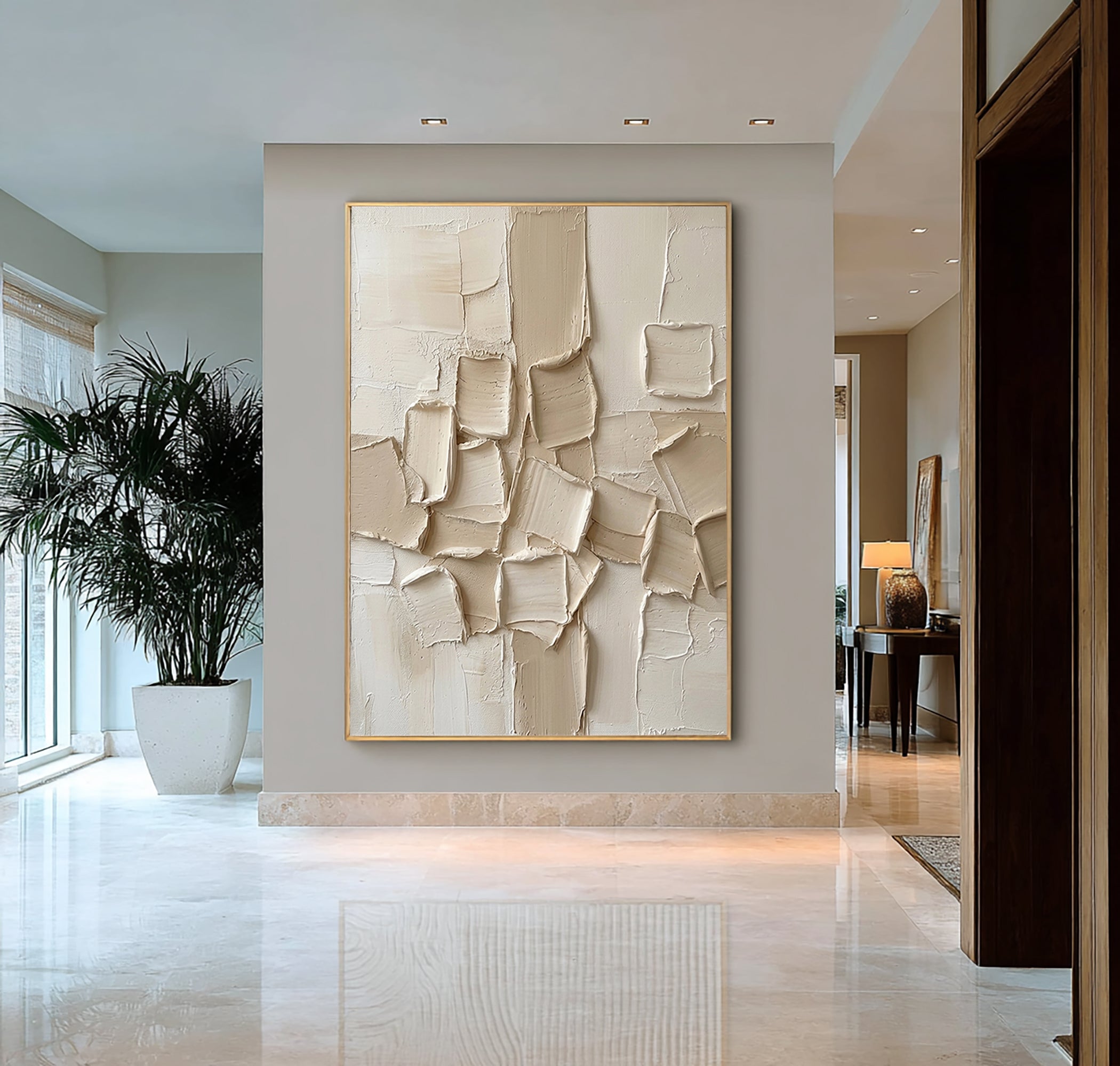 Large Hand-Painted Abstract Relief Painting in Neutral Cream Tones