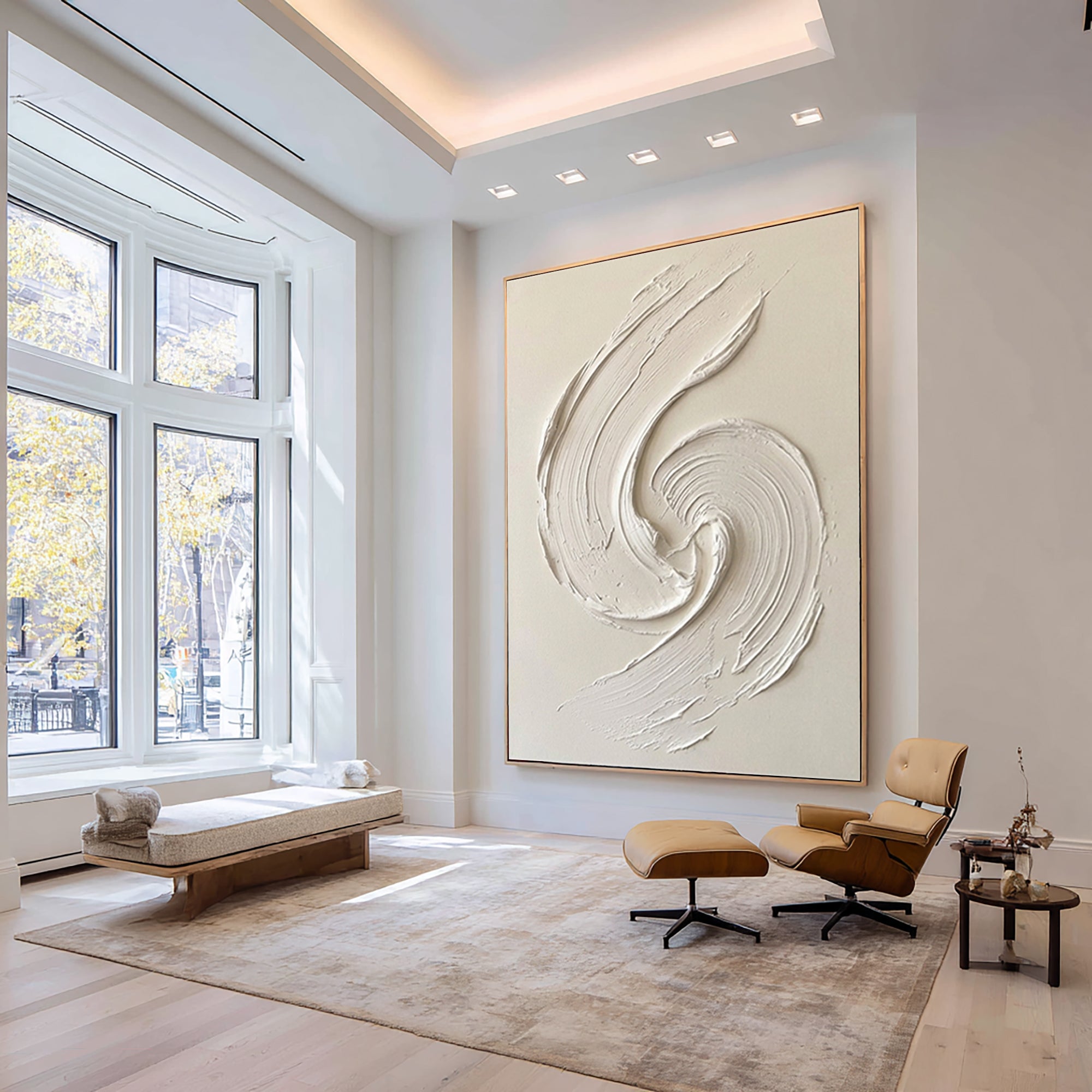 Large White Swirl Textured Wall Art Minimalist Abstract Canvas Painting