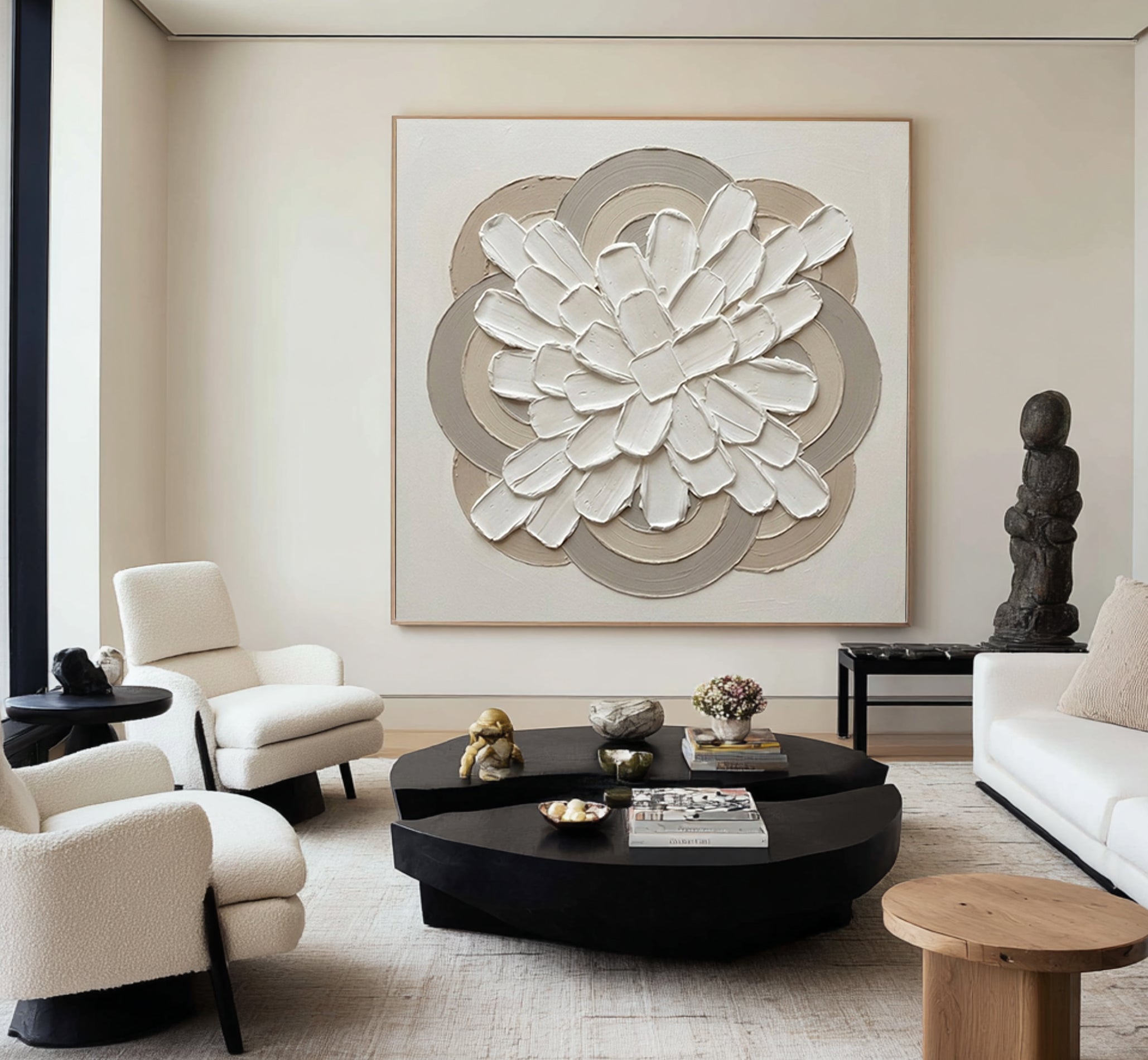 Large Modern Ring Floral Wall Art Contemporary Neutral Sculptural Canvas Painting