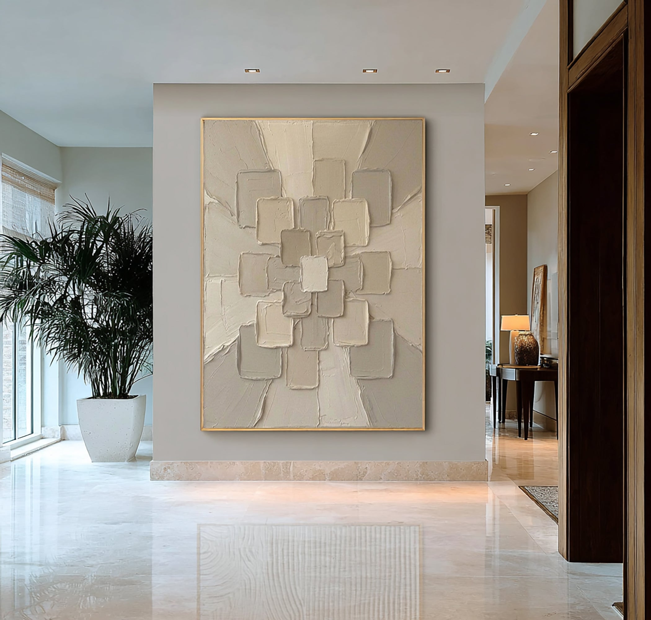 Large Neutral Geometric Textured Canvas Art Modern Sculptural Wall Decor
