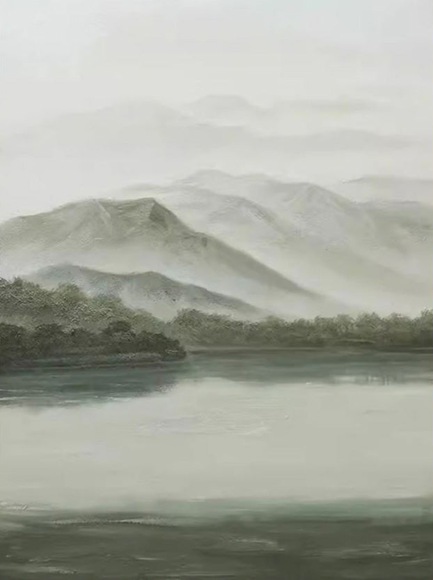 Soft Gray & Green Landscape, Peaceful Mountain Lake Scene #BGA 255