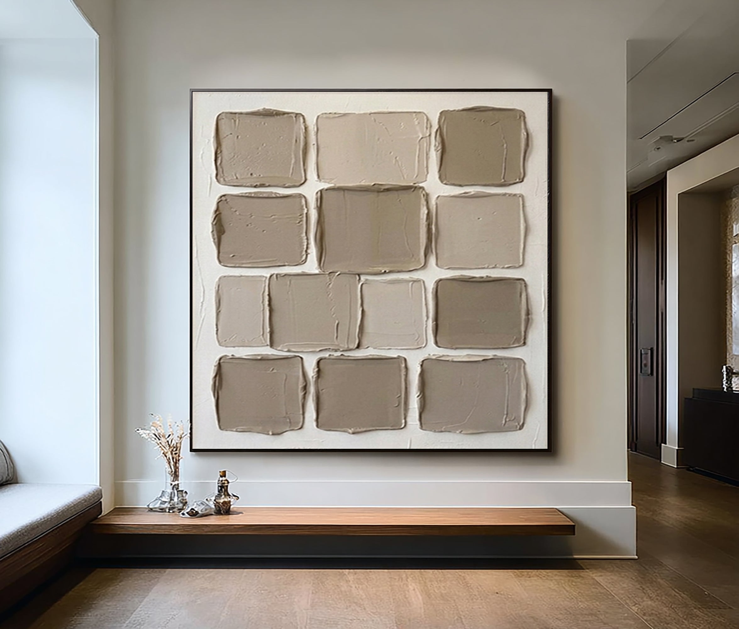 Hand Painted Neutral Relief Wall Art Contemporary Geometric Decor
