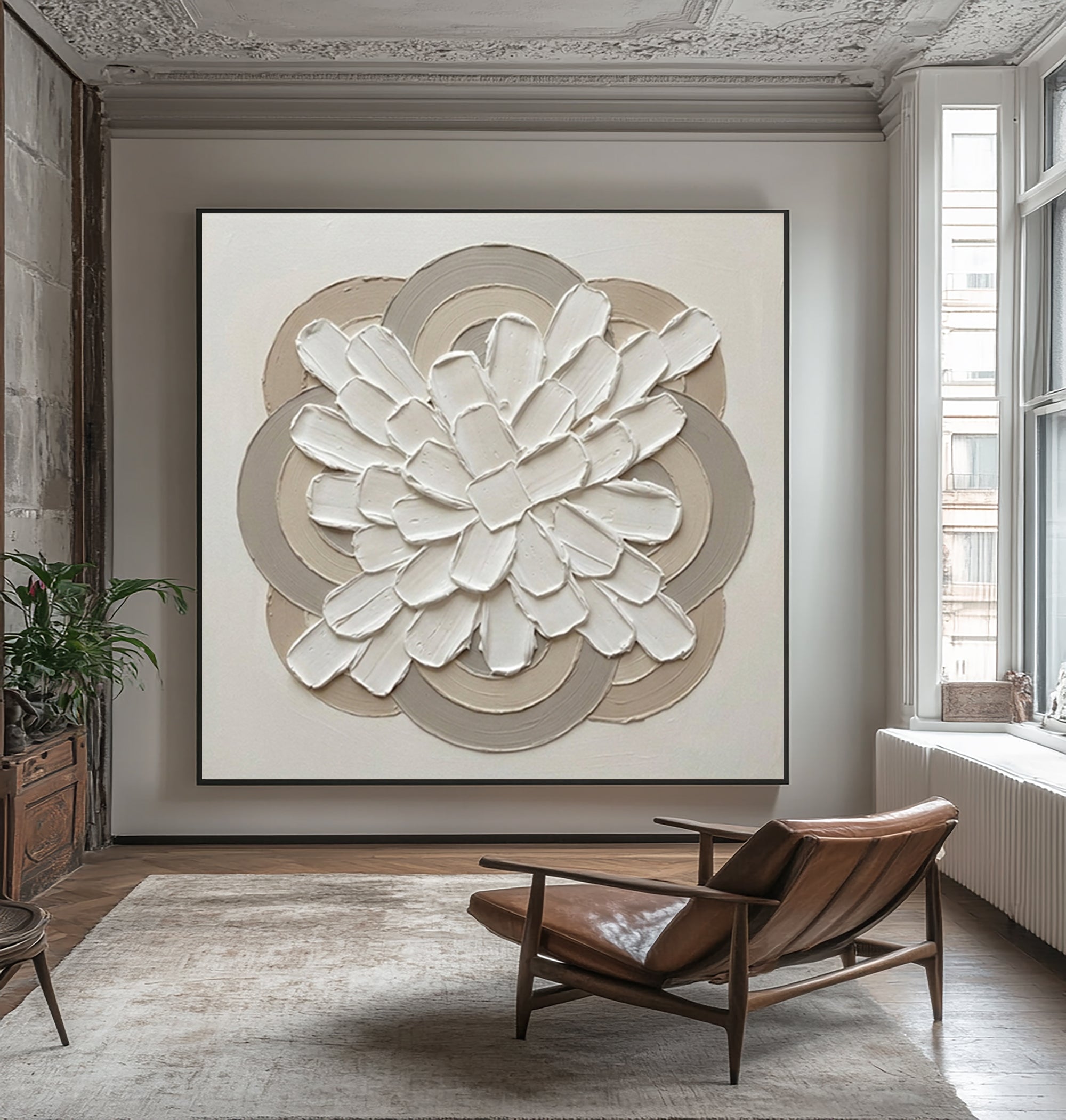 Large Modern Ring Floral Wall Art Contemporary Neutral Sculptural Canvas Painting